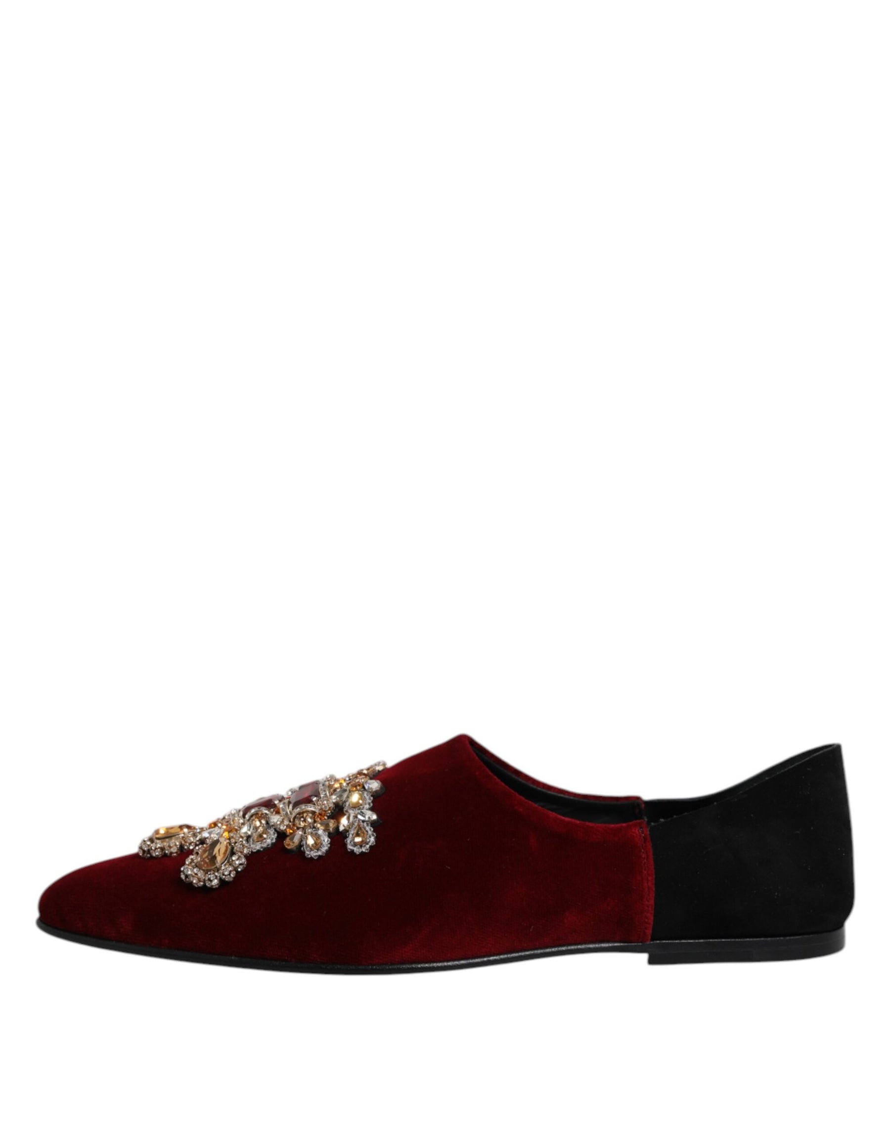 Dolce & Gabbana Black Red Velvet Embellished Slip On Shoes | Regal Royce