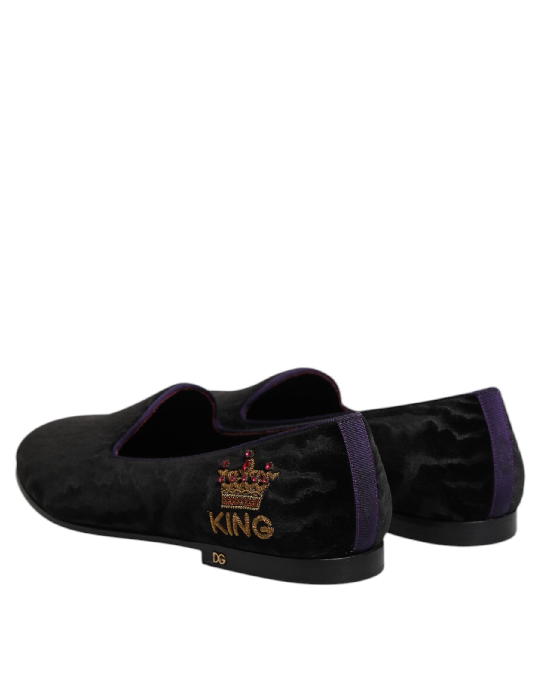 Dolce & Gabbana Black DG Crown Embroidery Loafers Slip On Shoes | Regal Royce