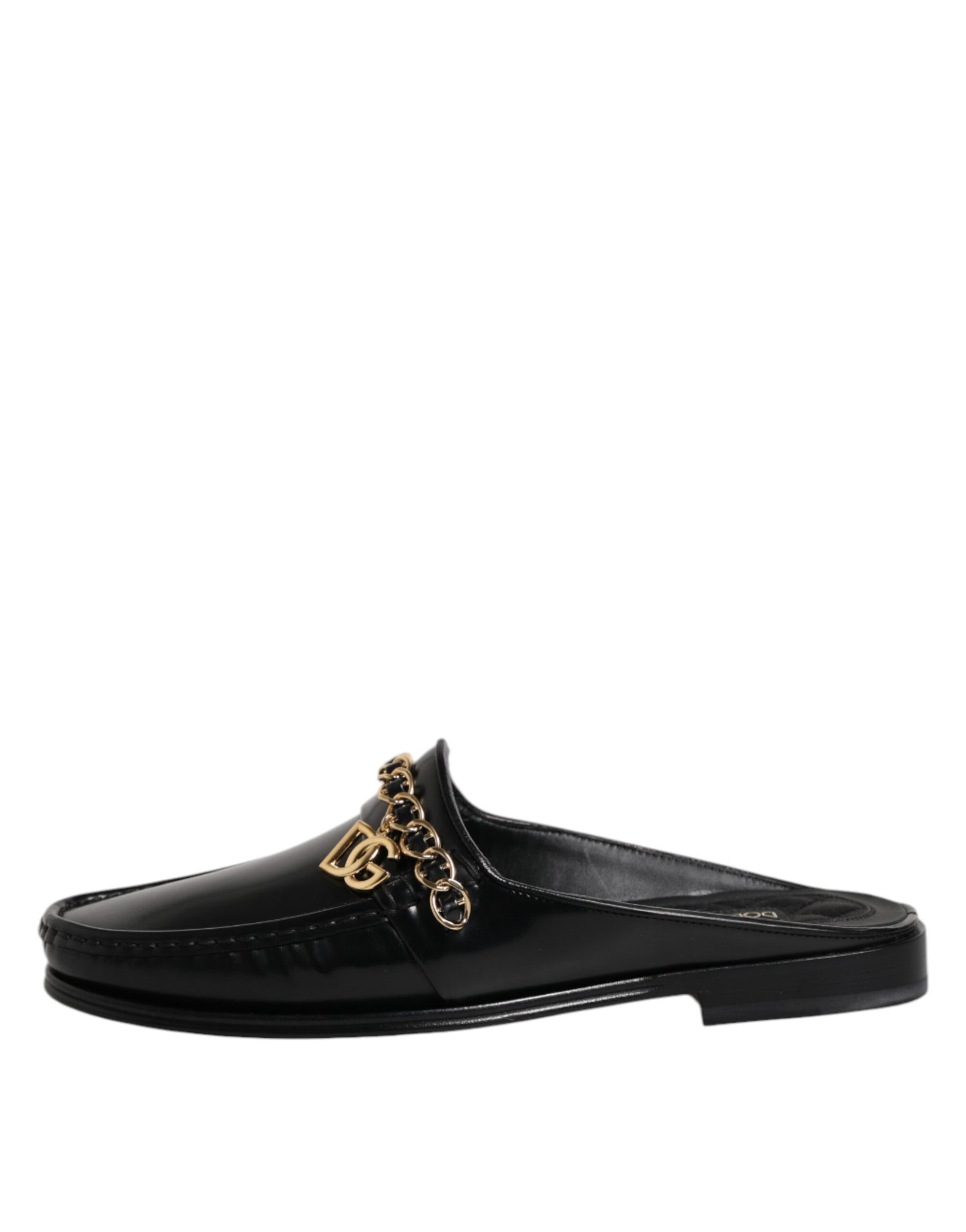 Dolce & Gabbana Black Leather DG Chain Embellished Sandals Shoes | Regal Royce