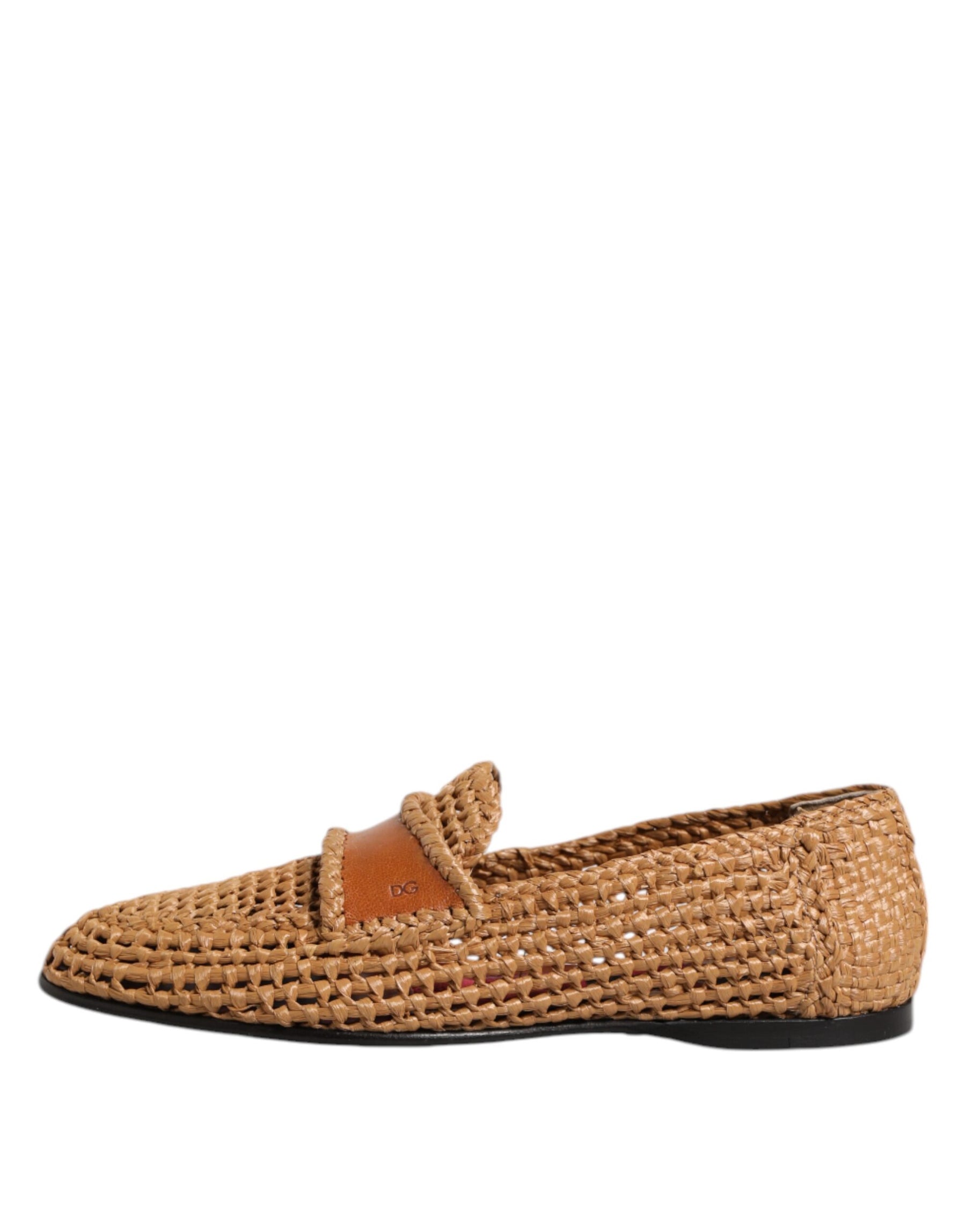 Dolce & Gabbana Brown Woven Raffia Slip On Loafers Shoes | Regal Royce