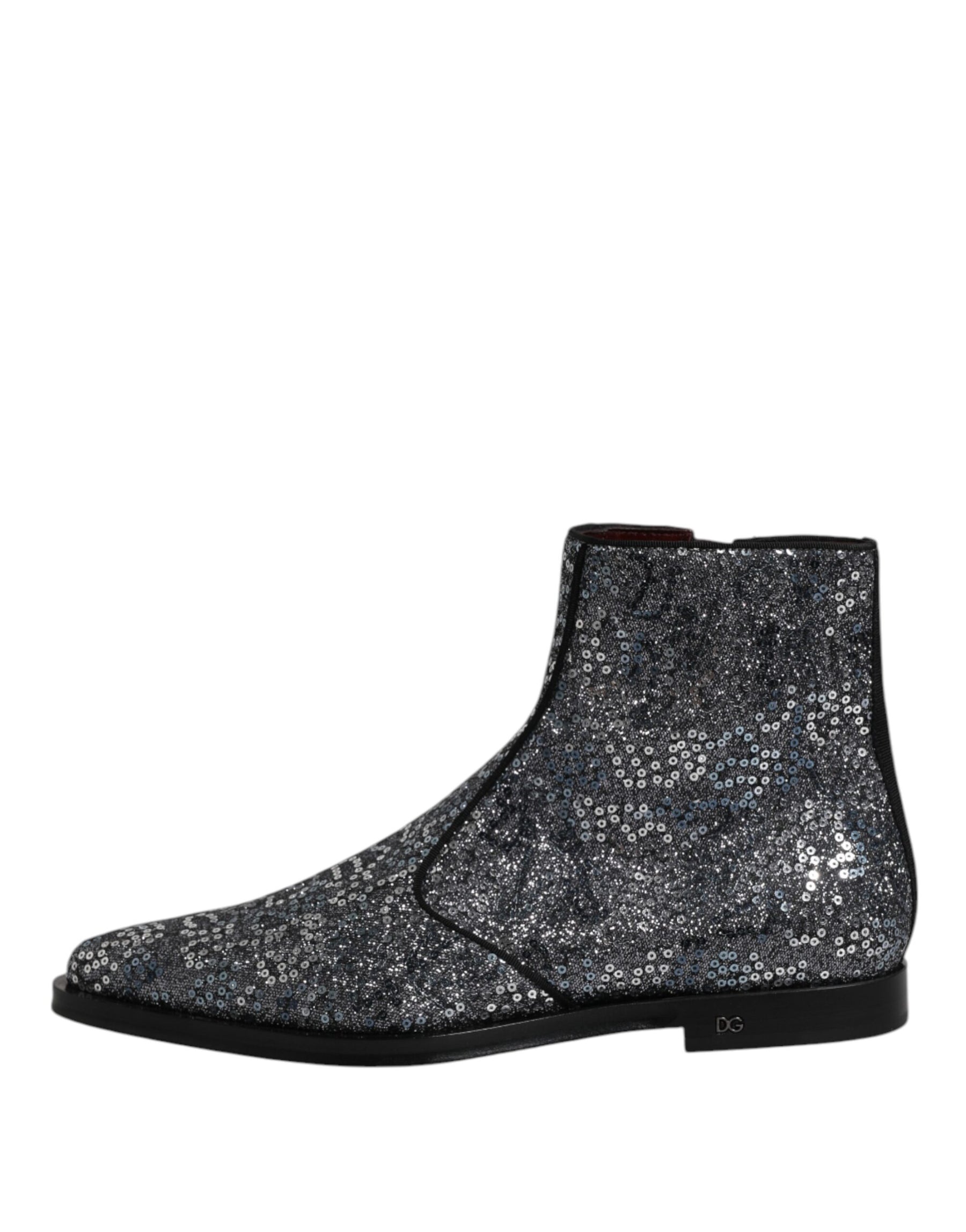 Dolce & Gabbana Dark Gray Cotton Sequined Chelsea Boots Shoes | Regal Royce