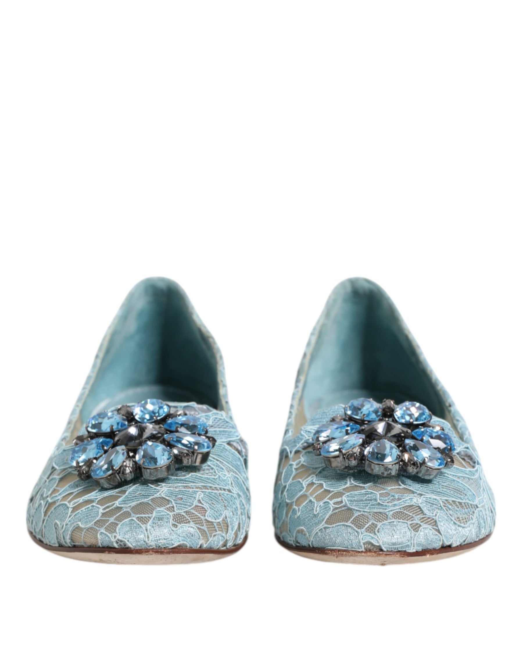 Dolce & Gabbana Blue Lace Crystal Ballet Flats Loafers Shoes | Regal Royce