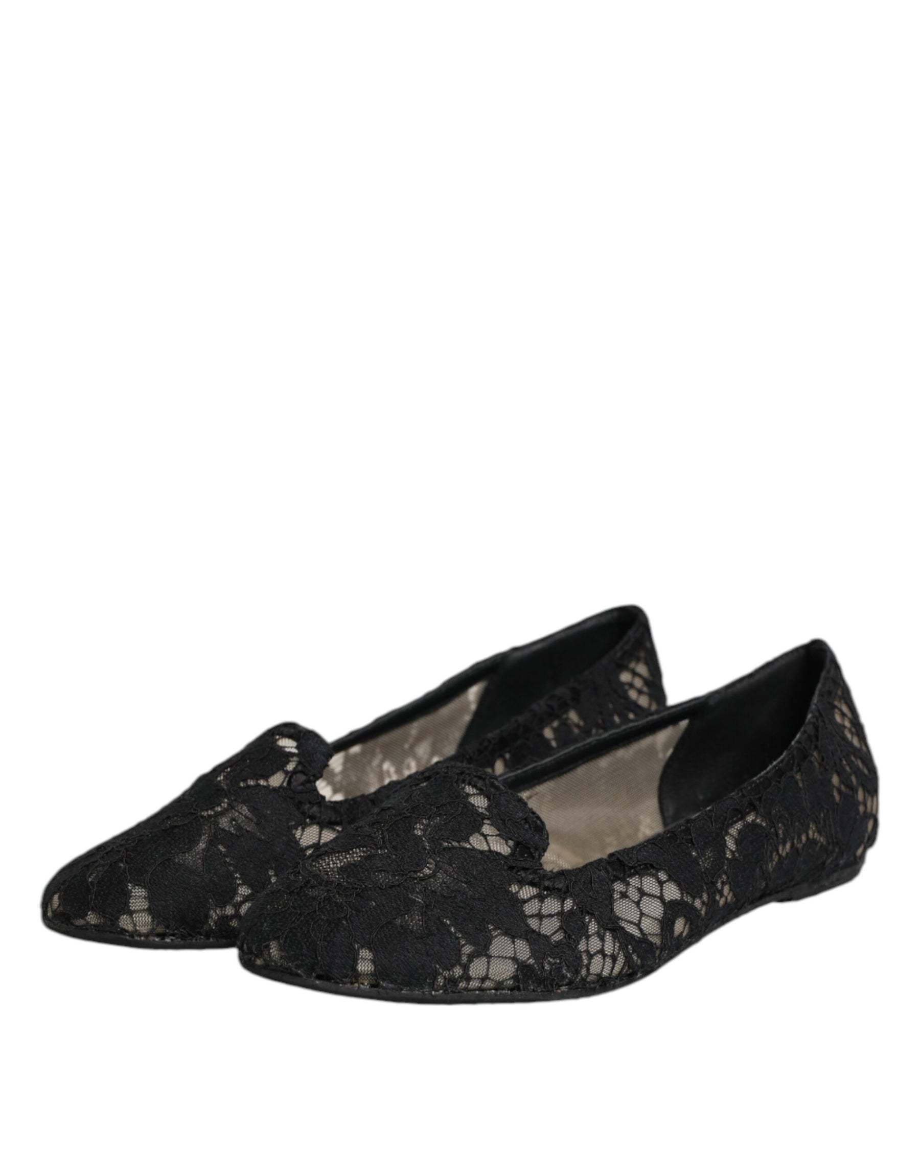Dolce & Gabbana Black Taormina Lace Slip On Flats Shoes | Regal Royce