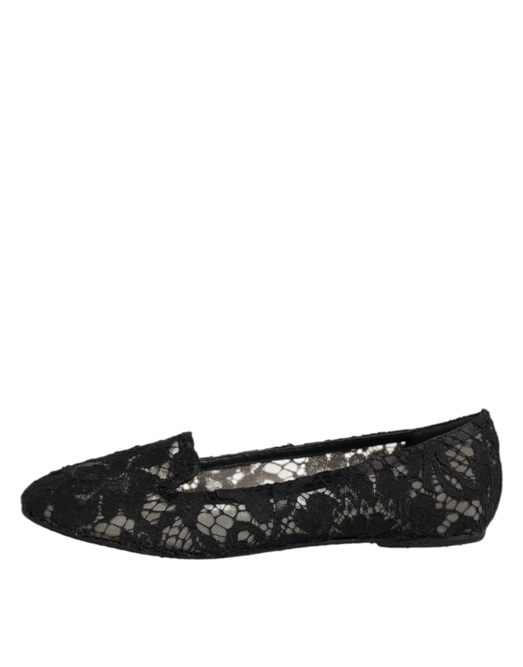 Dolce & Gabbana Black Taormina Lace Slip On Flats Shoes | Regal Royce