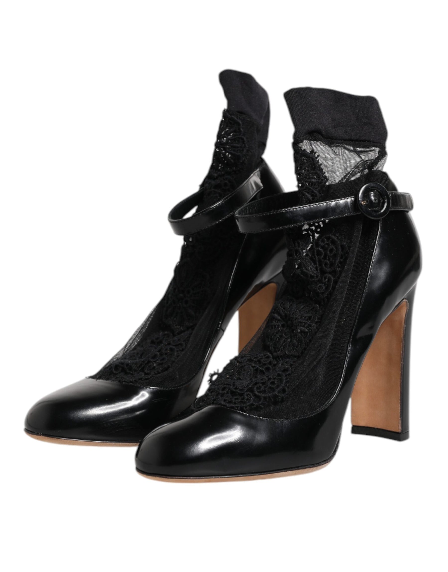 Dolce & Gabbana Black Leather Lace Socks Heels Pumps Shoes | Regal Royce