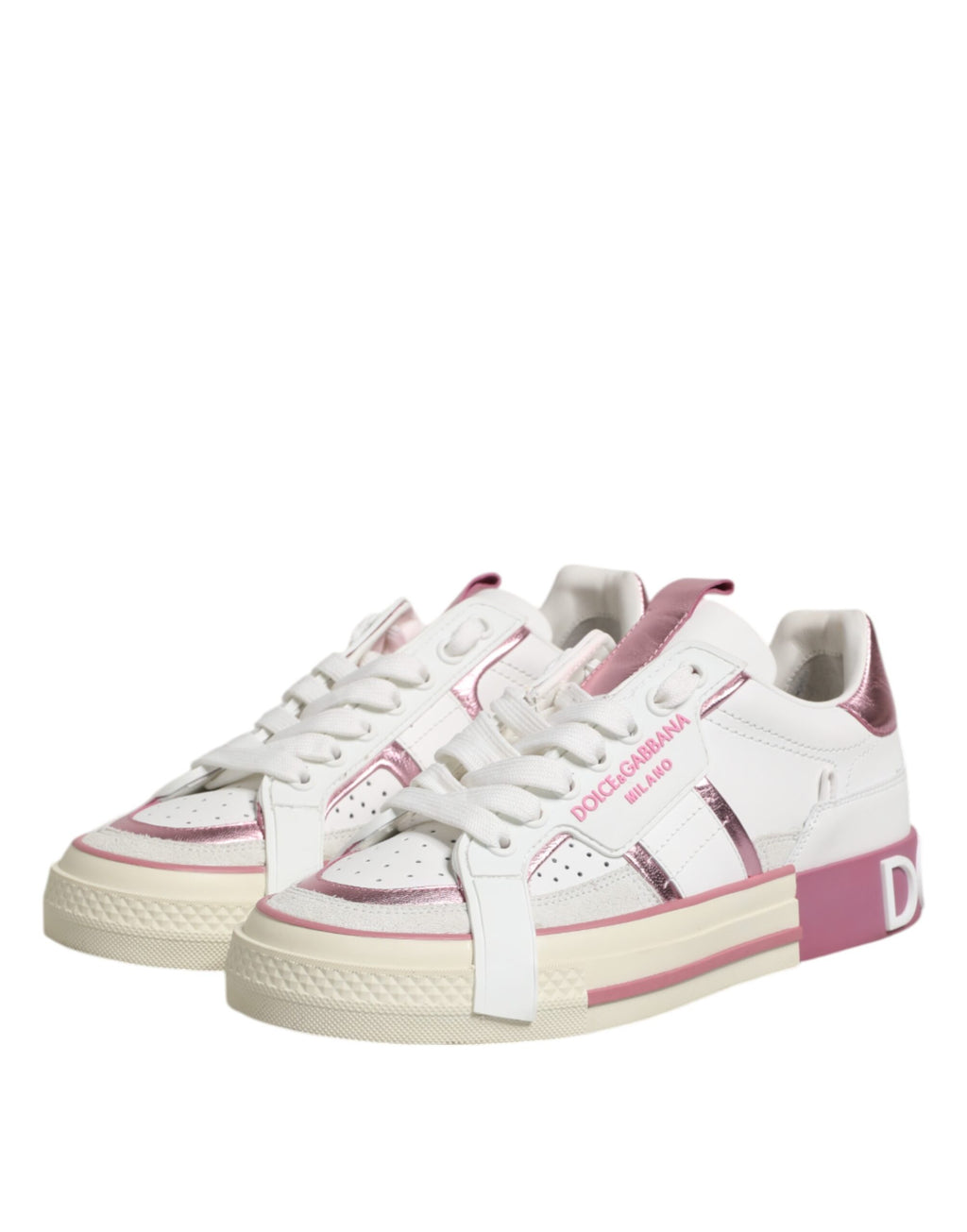 Dolce & Gabbana White Pink Leather Low Top Sneakers Shoes