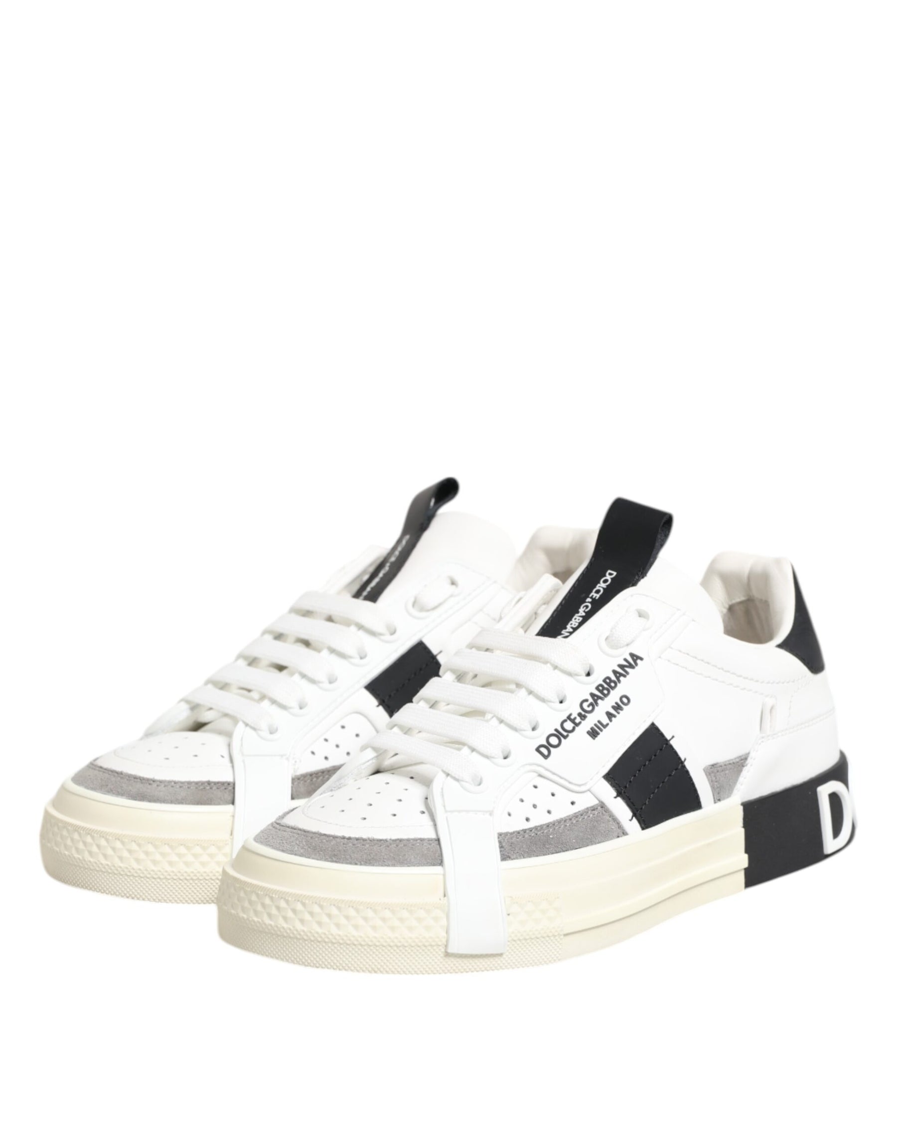 Dolce & Gabbana White Black Leather Low Top Sneakers Shoes | Regal Royce