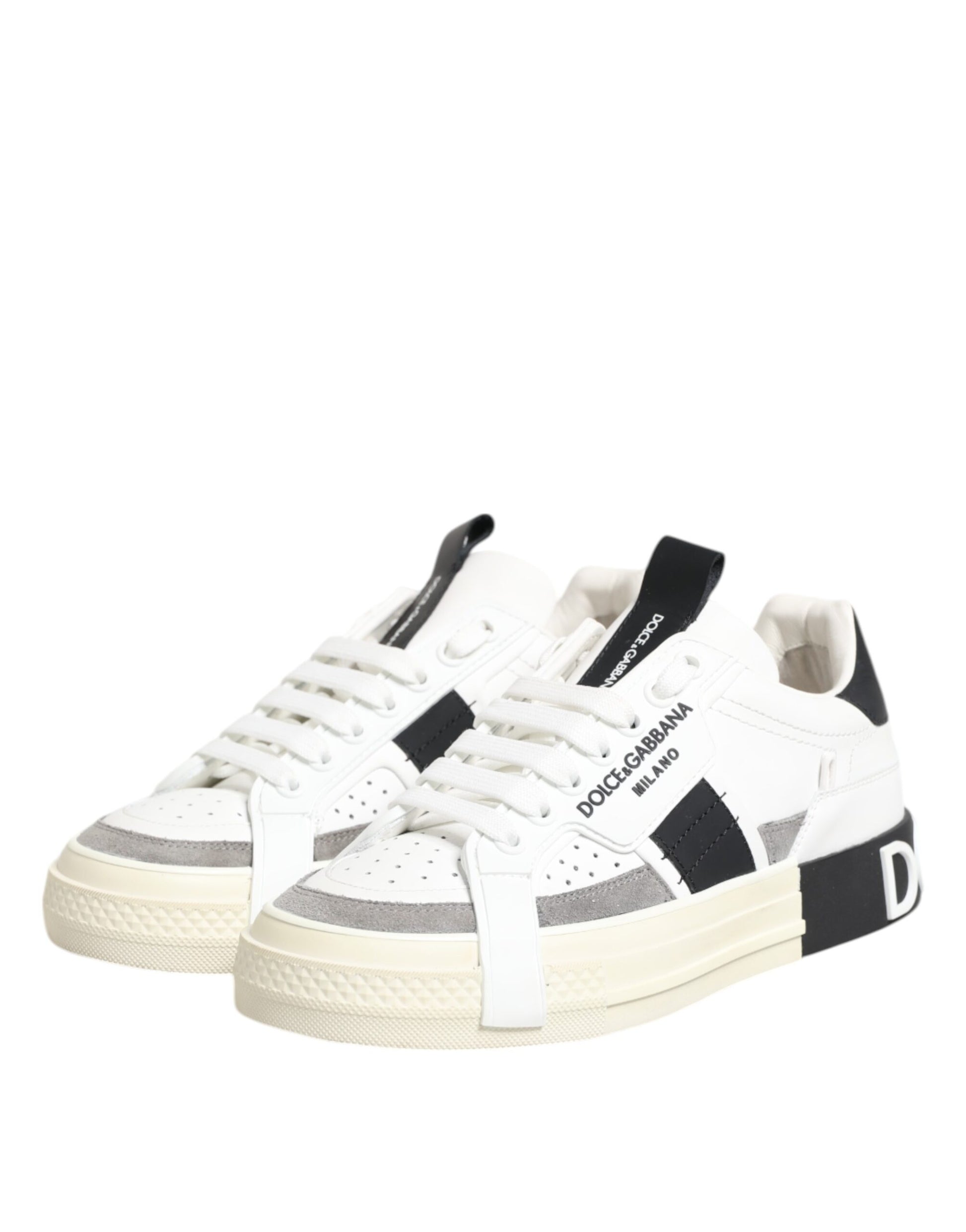 Dolce & Gabbana White Black Leather Low Top Sneakers Shoes