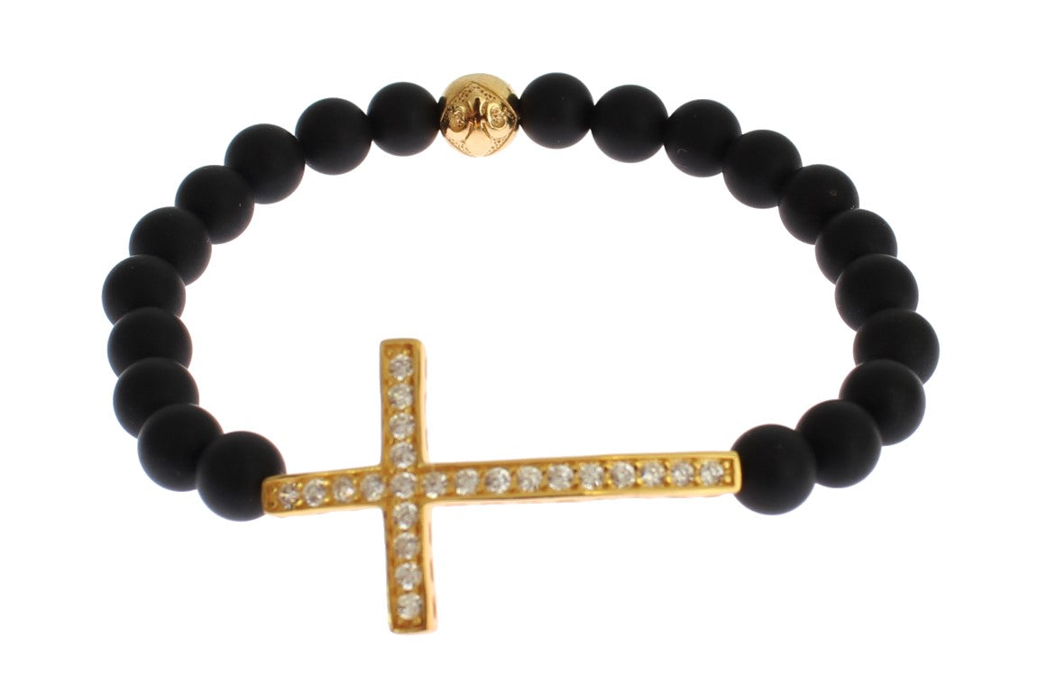 Nialaya Matte Onyx Stone Gold CZ Cross 925 Silver Bracelet | Regal Royce