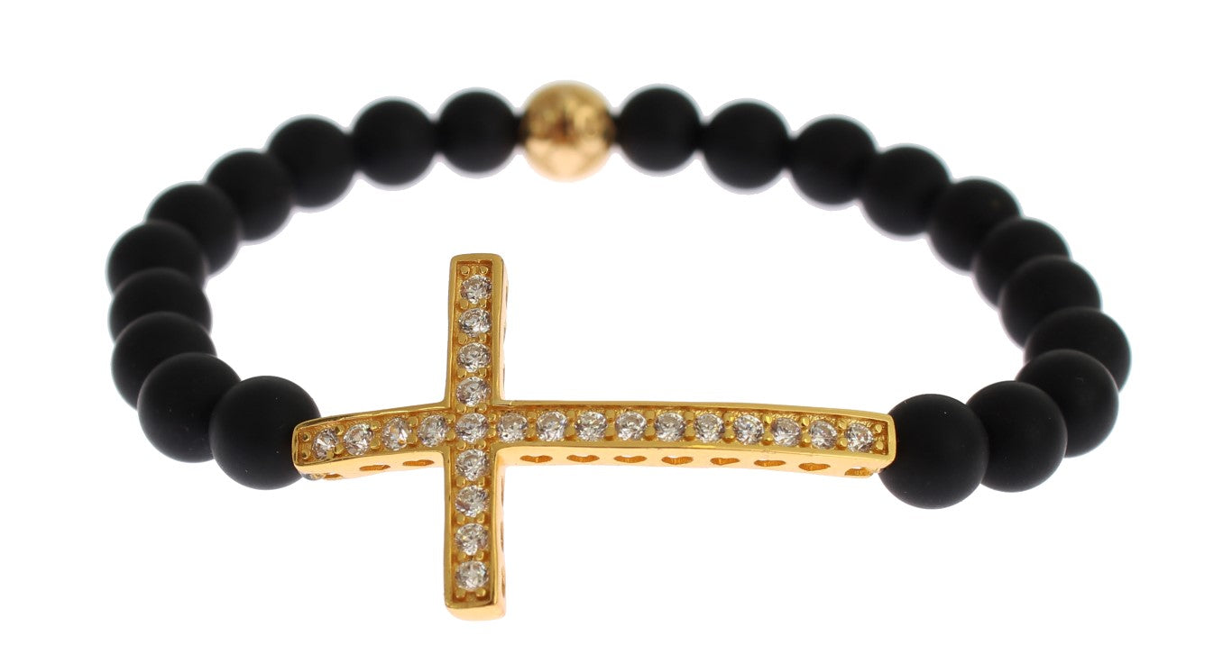 Nialaya Matte Onyx Stone Gold CZ Cross 925 Silver Bracelet | Regal Royce