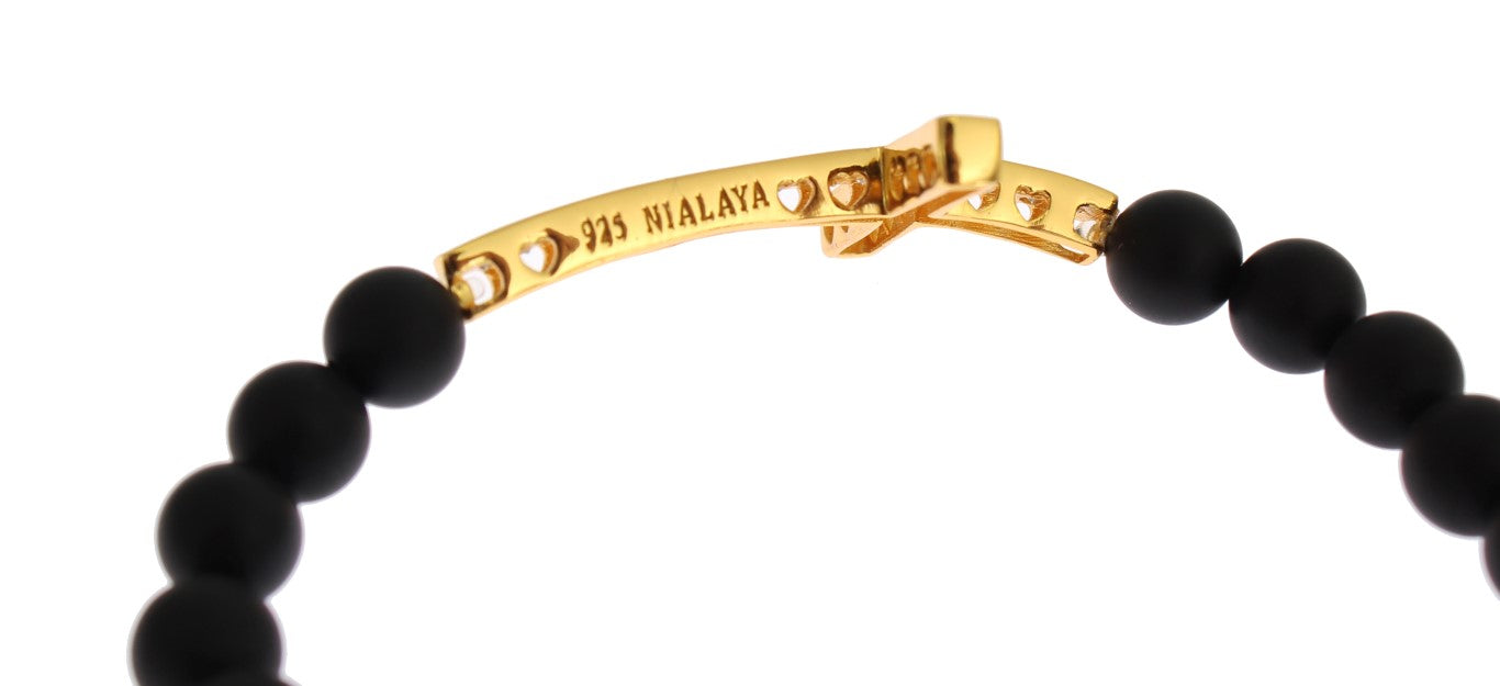Nialaya Matte Onyx Stone Gold CZ Cross 925 Silver Bracelet | Regal Royce