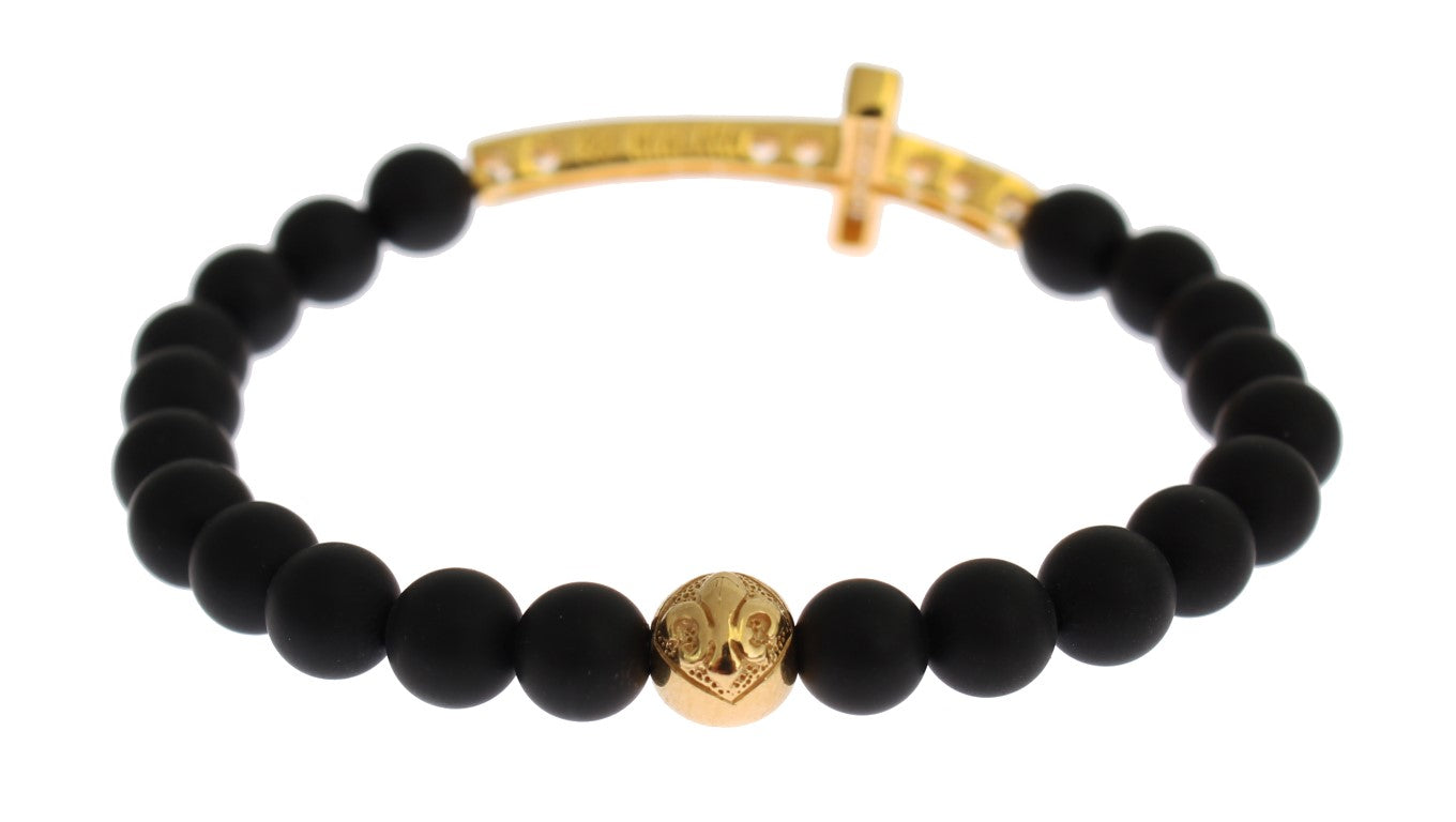 Nialaya Matte Onyx Stone Gold CZ Cross 925 Silver Bracelet | Regal Royce