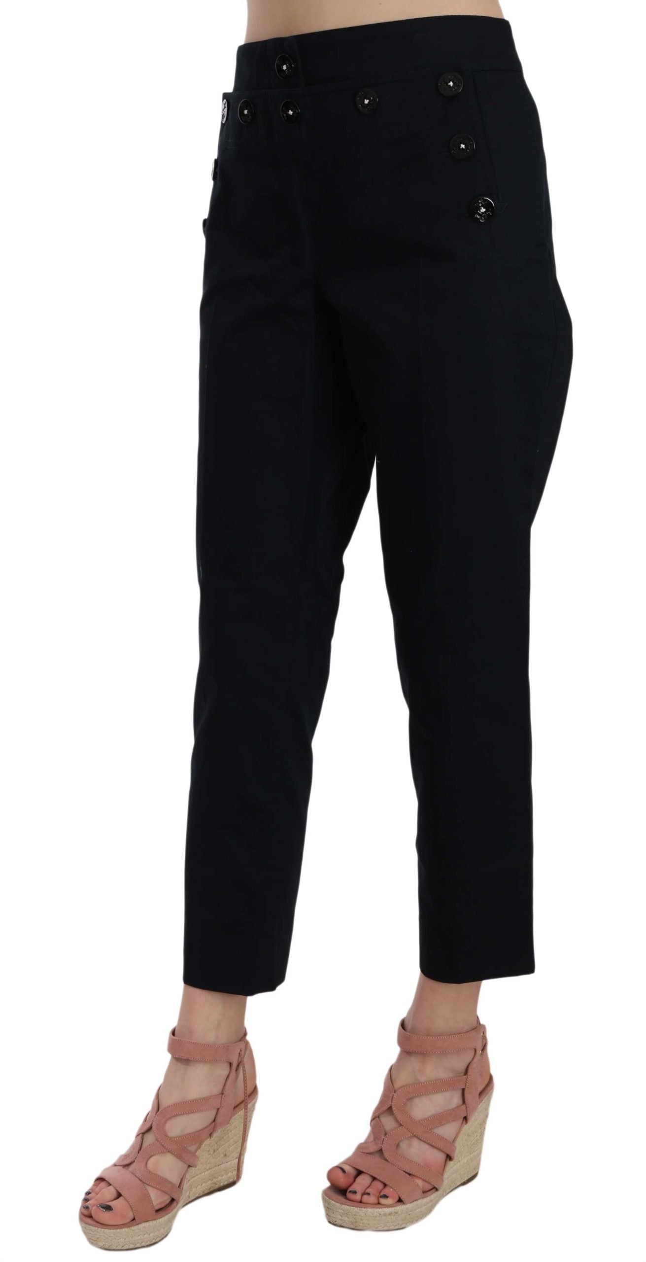 Dolce & Gabbana Black Cropped Front Button Embellished Pants | Regal Royce