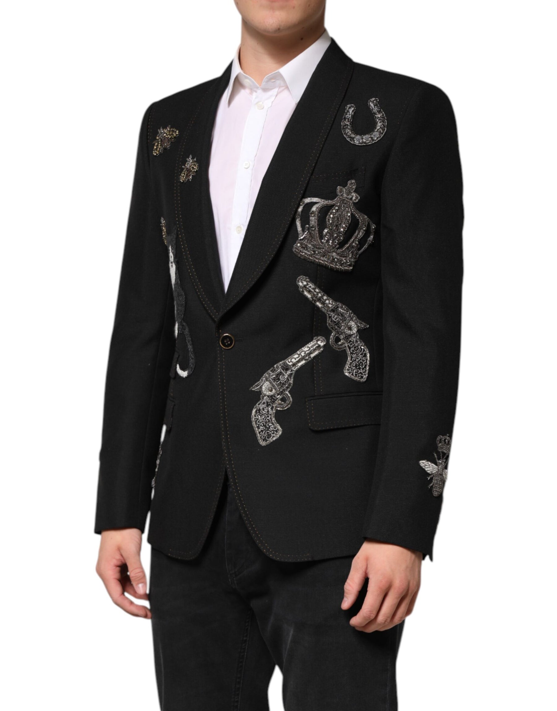 Dolce & Gabbana Black Bee Crown Embellished Suit Coat Blazer | Regal Royce