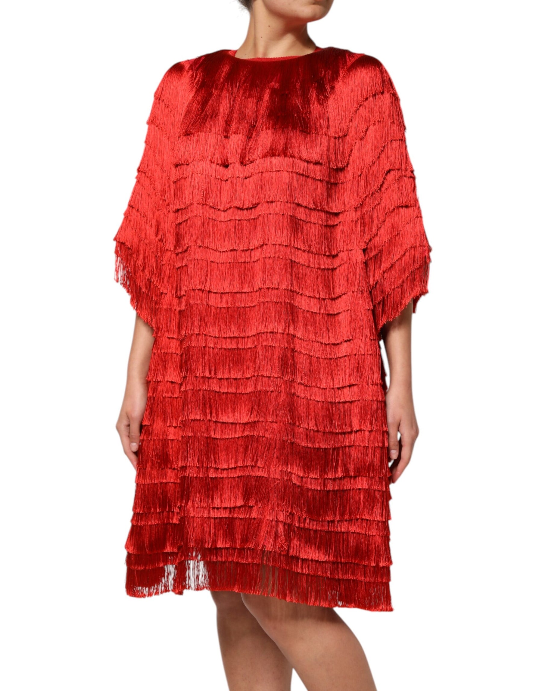 Dolce & Gabbana Red Silk Tiers Fringe Shift Knee Length Dress | Regal Royce