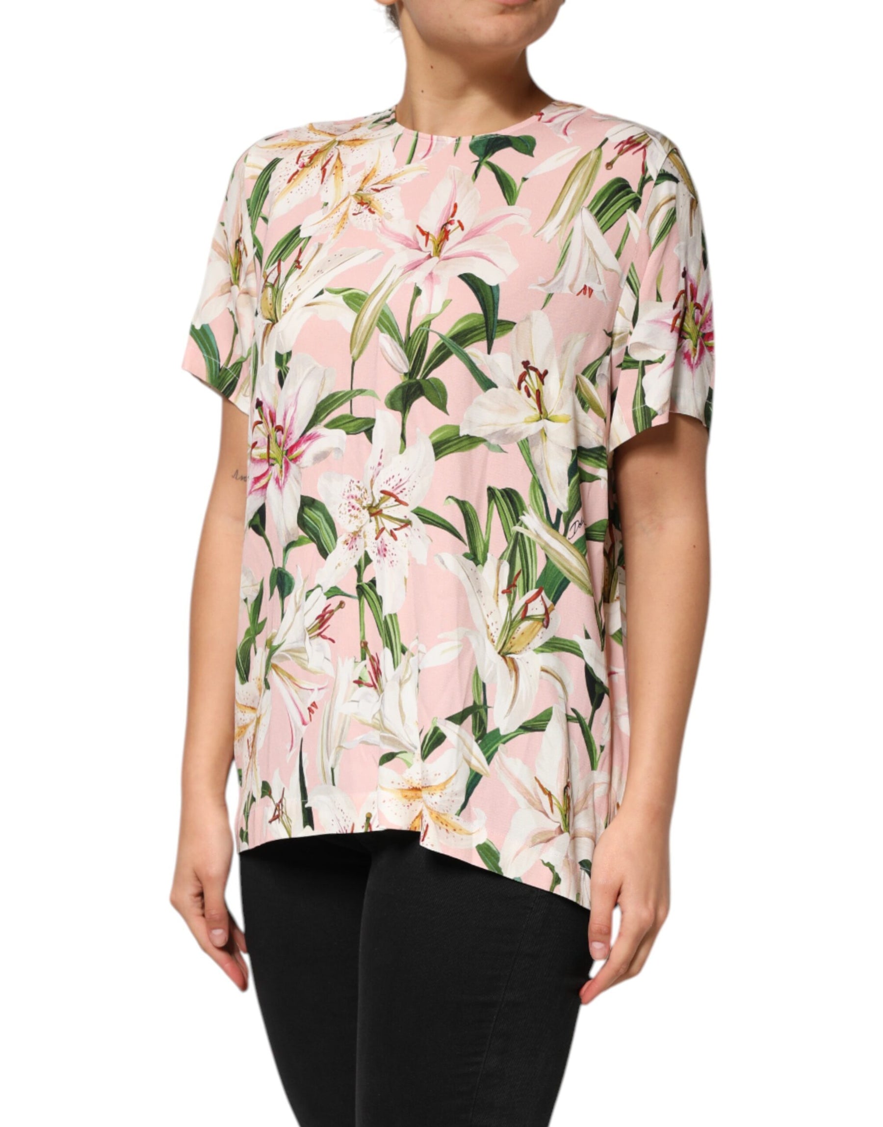 Dolce & Gabbana Pink Lily Printed Round Neck Blouse Top | Regal Royce