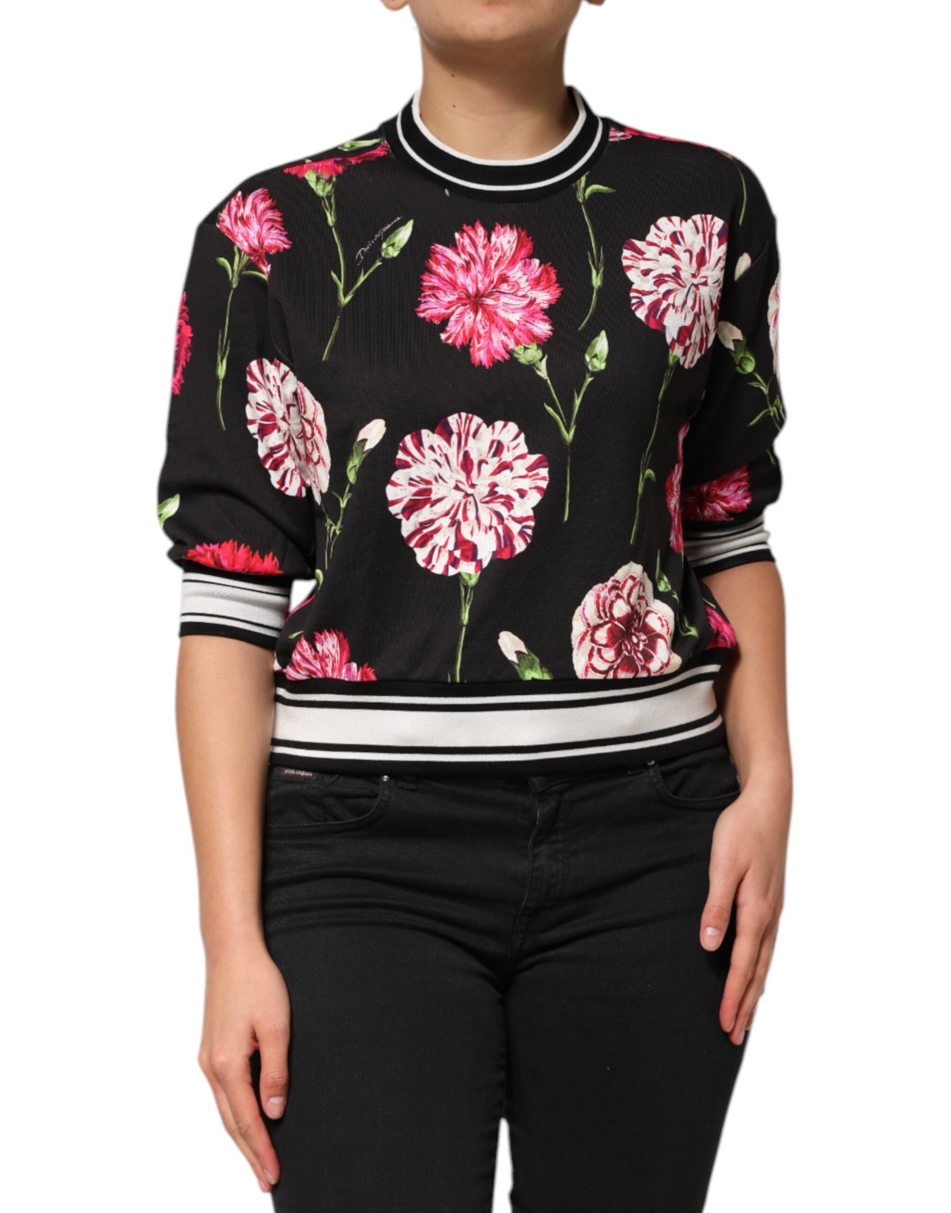 Dolce & Gabbana Black Floral Print Cotton Short Sleeves Top