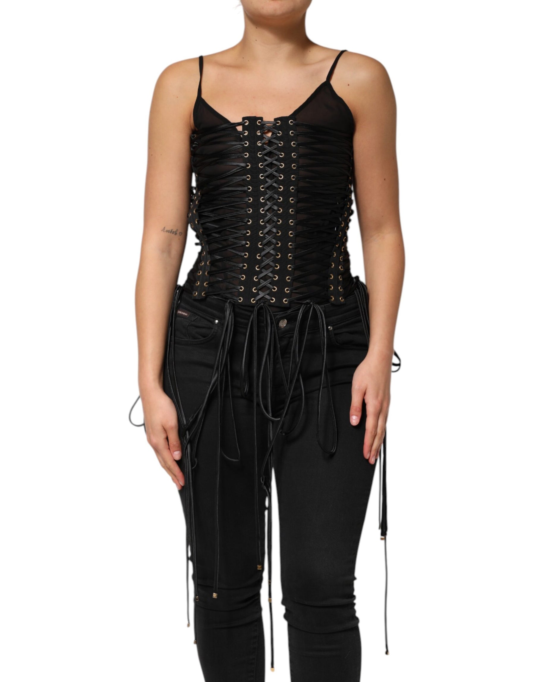 Dolce & Gabbana Black Eyelet Embellished Corset Style Top | Regal Royce