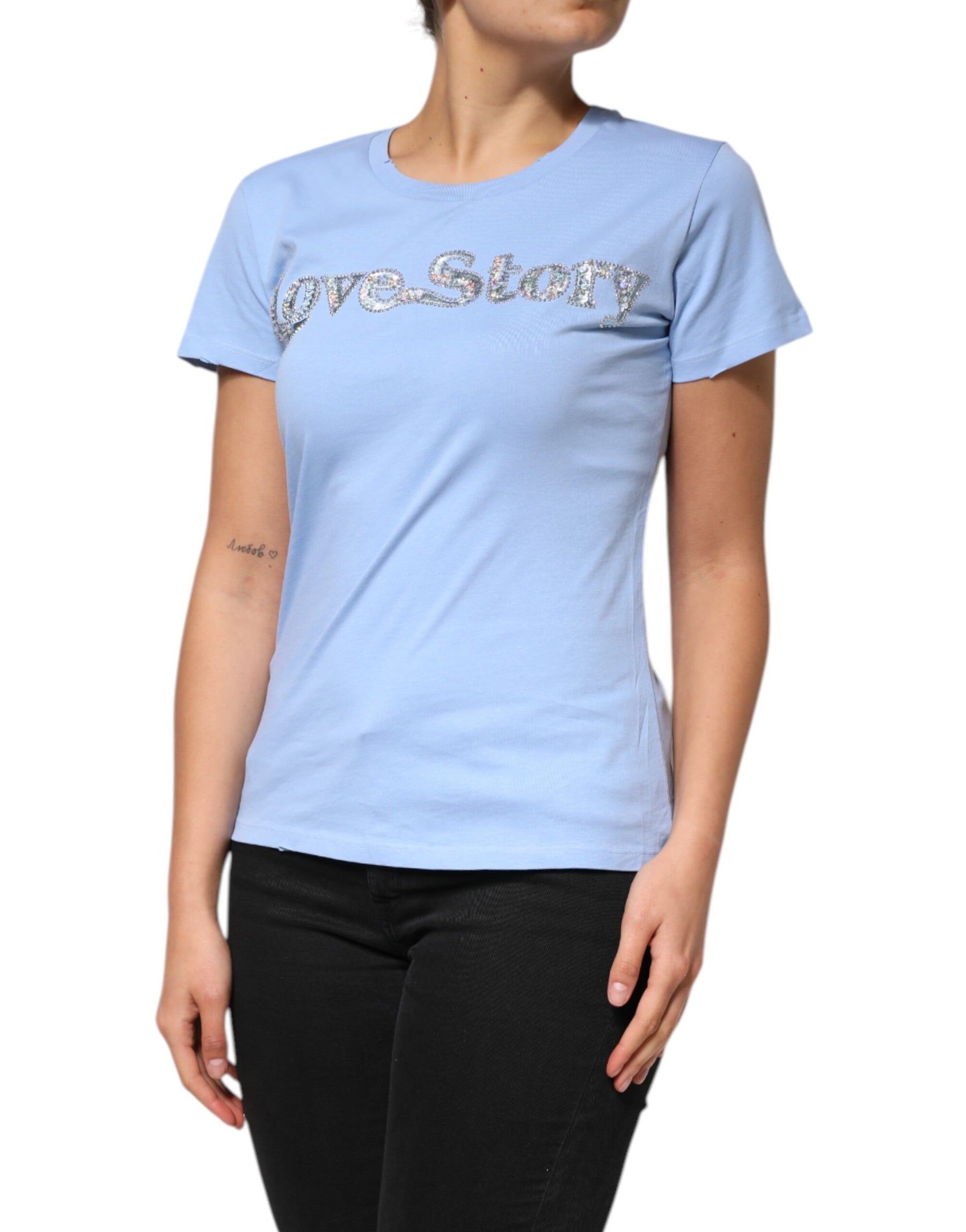 PINKO Blue Love Story Sequined Embellished Short Sleeves T-shirt | Regal Royce
