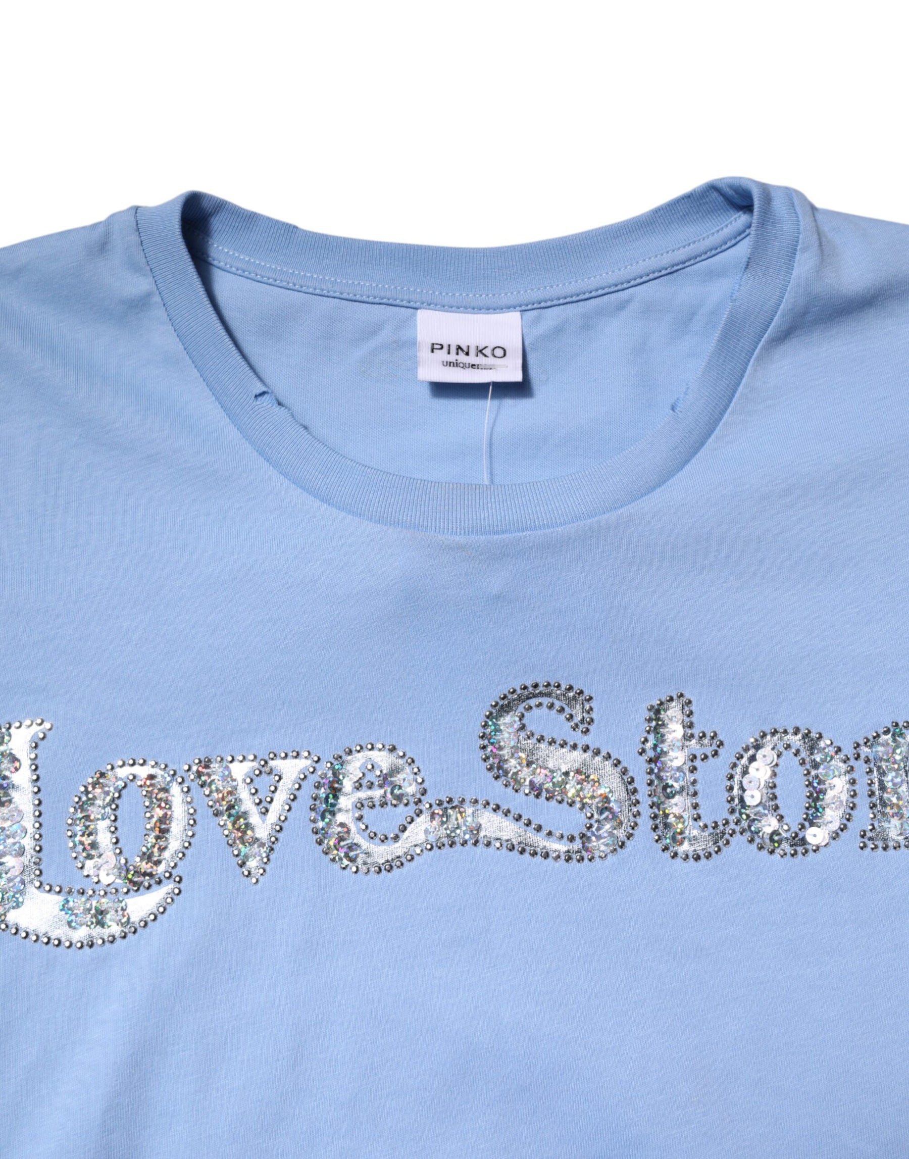 PINKO Blue Love Story Sequined Embellished Short Sleeves T-shirt | Regal Royce