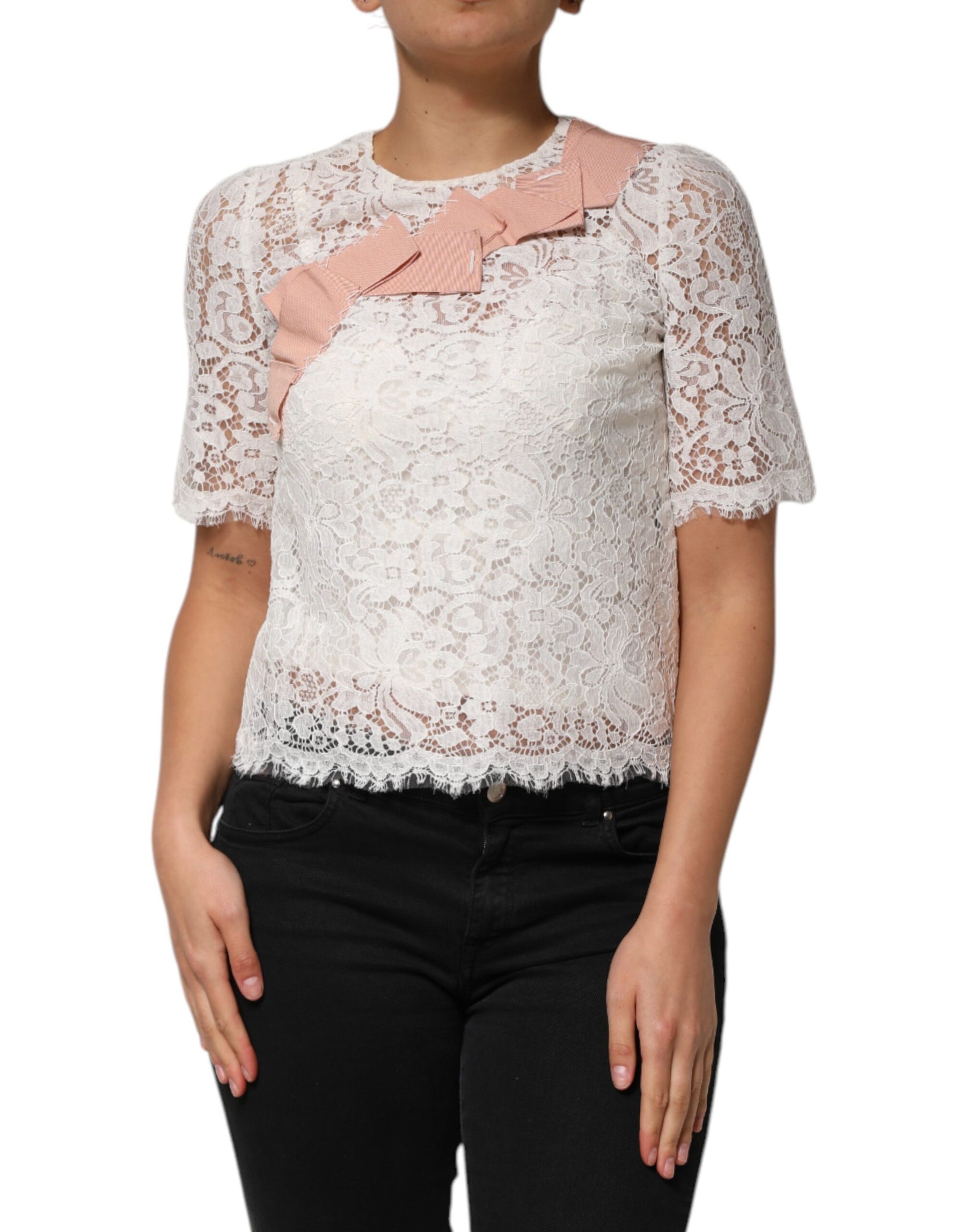Dolce & Gabbana White Floral Lace Short Sleeves Blouse Top | Regal Royce
