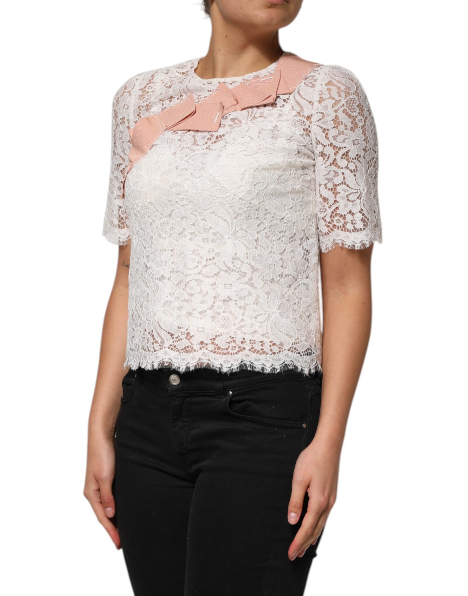 Dolce & Gabbana White Floral Lace Short Sleeves Blouse Top | Regal Royce