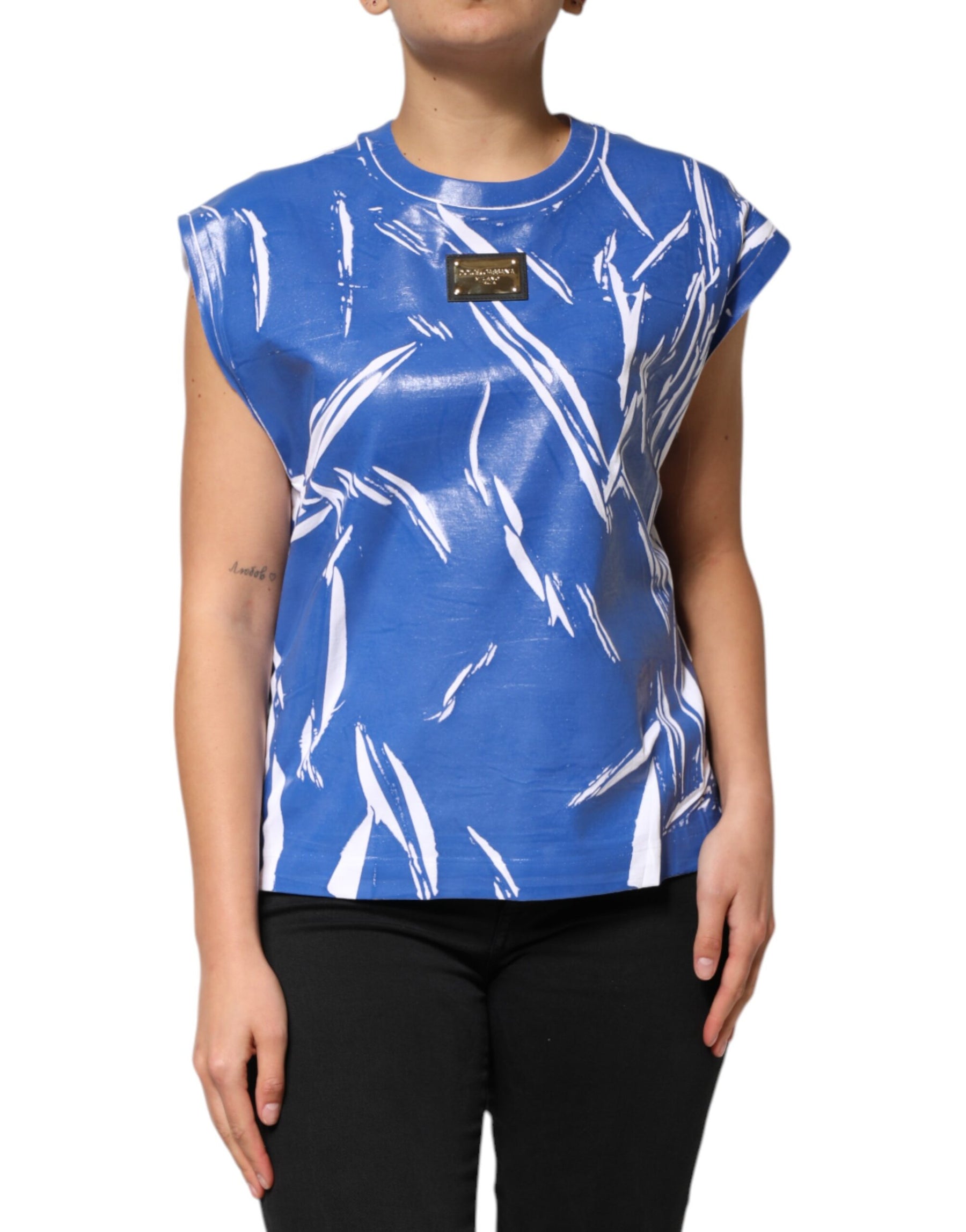 Dolce & Gabbana Blue White Cotton Logo Plaque Women Tank Top | Regal Royce