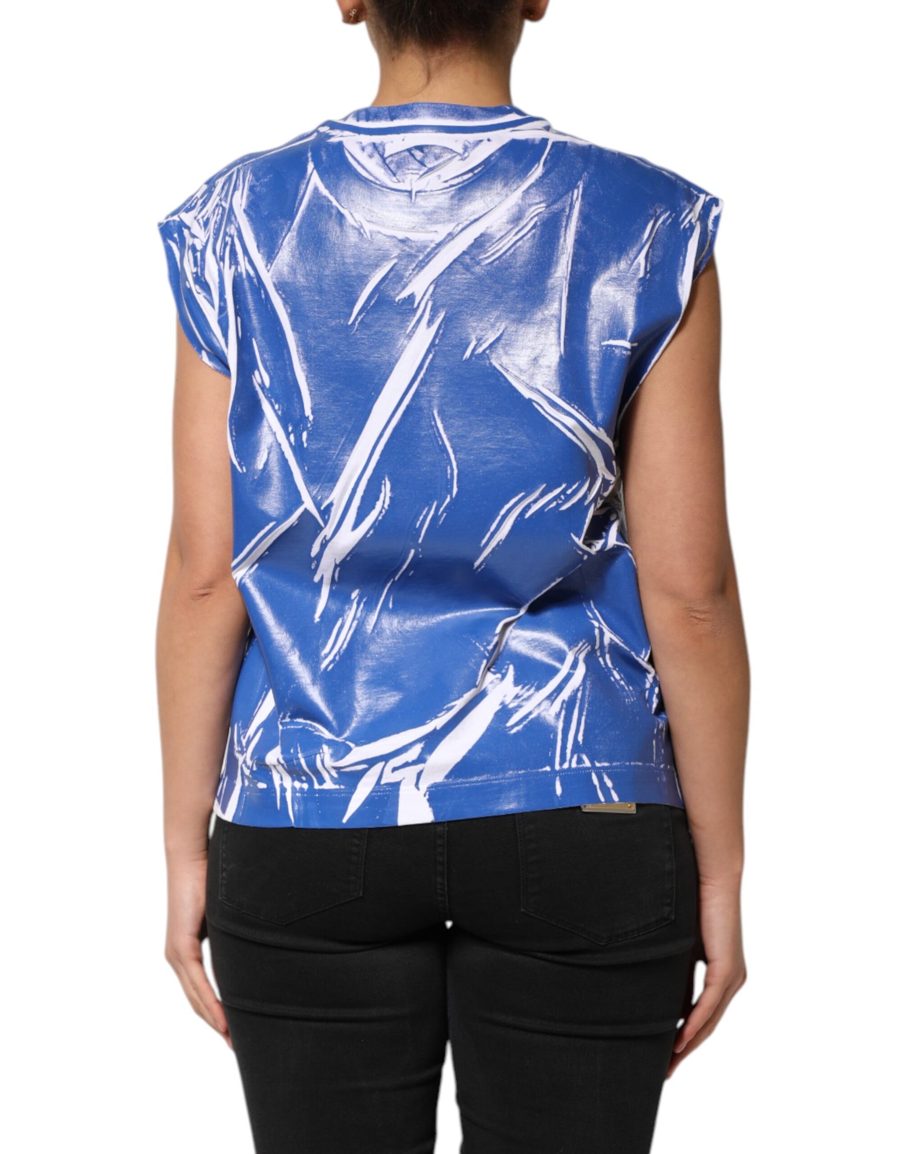 Dolce & Gabbana Blue White Cotton Logo Plaque Women Tank Top | Regal Royce