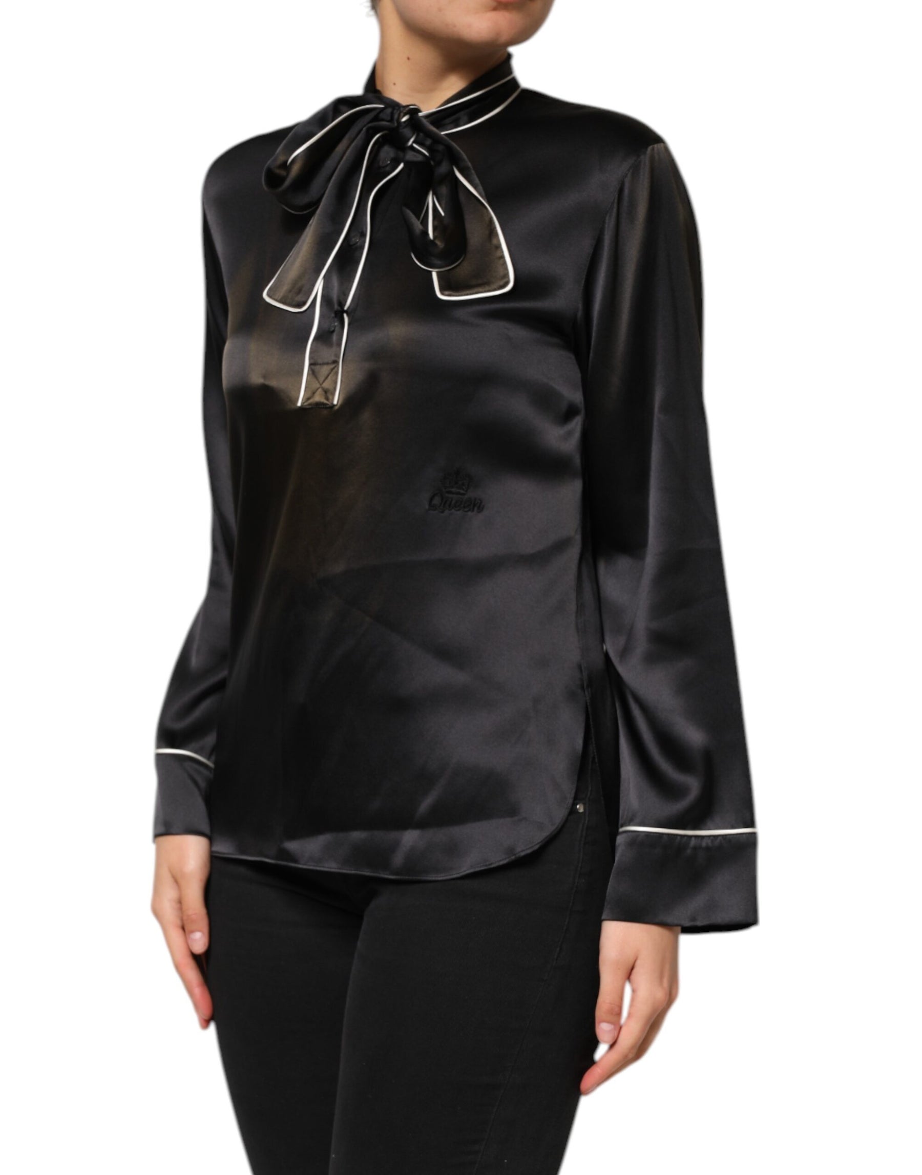 Dolce & Gabbana Black Silk Ascot Collared Button Blouse Top | Regal Royce