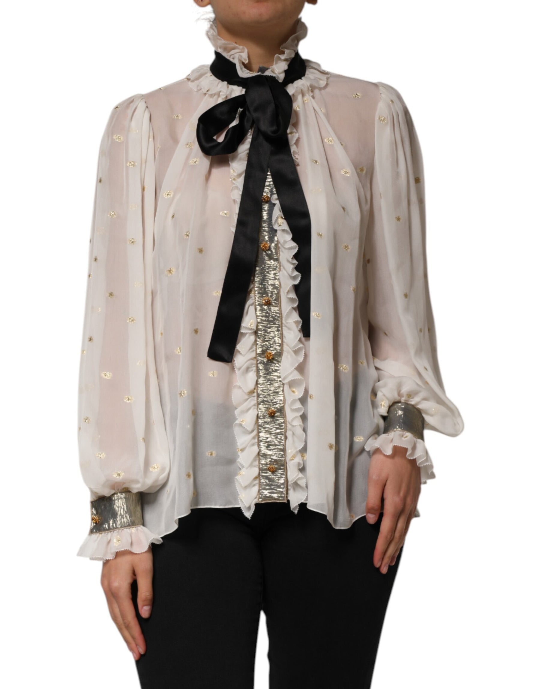 Dolce & Gabbana White Black Silk Long Sleeve Ascot Collar Top | Regal Royce