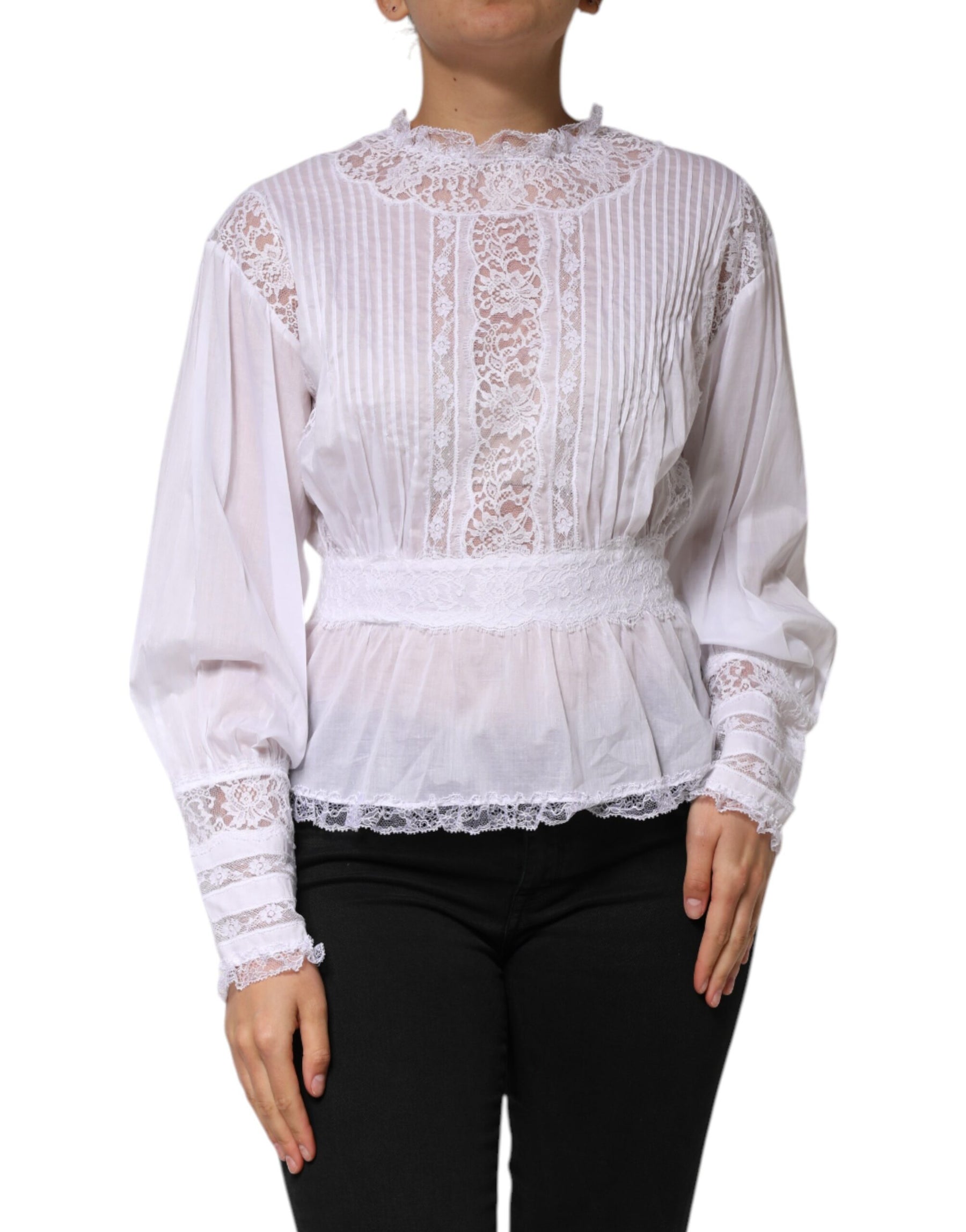 Dolce & Gabbana White Cotton Floral Lace Long Sleeves Top | Regal Royce