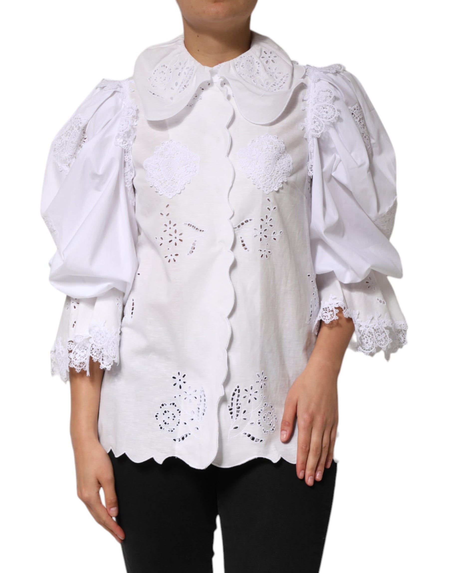 Dolce & Gabbana White Ruffled Lace Embellished Blouse Top | Regal Royce