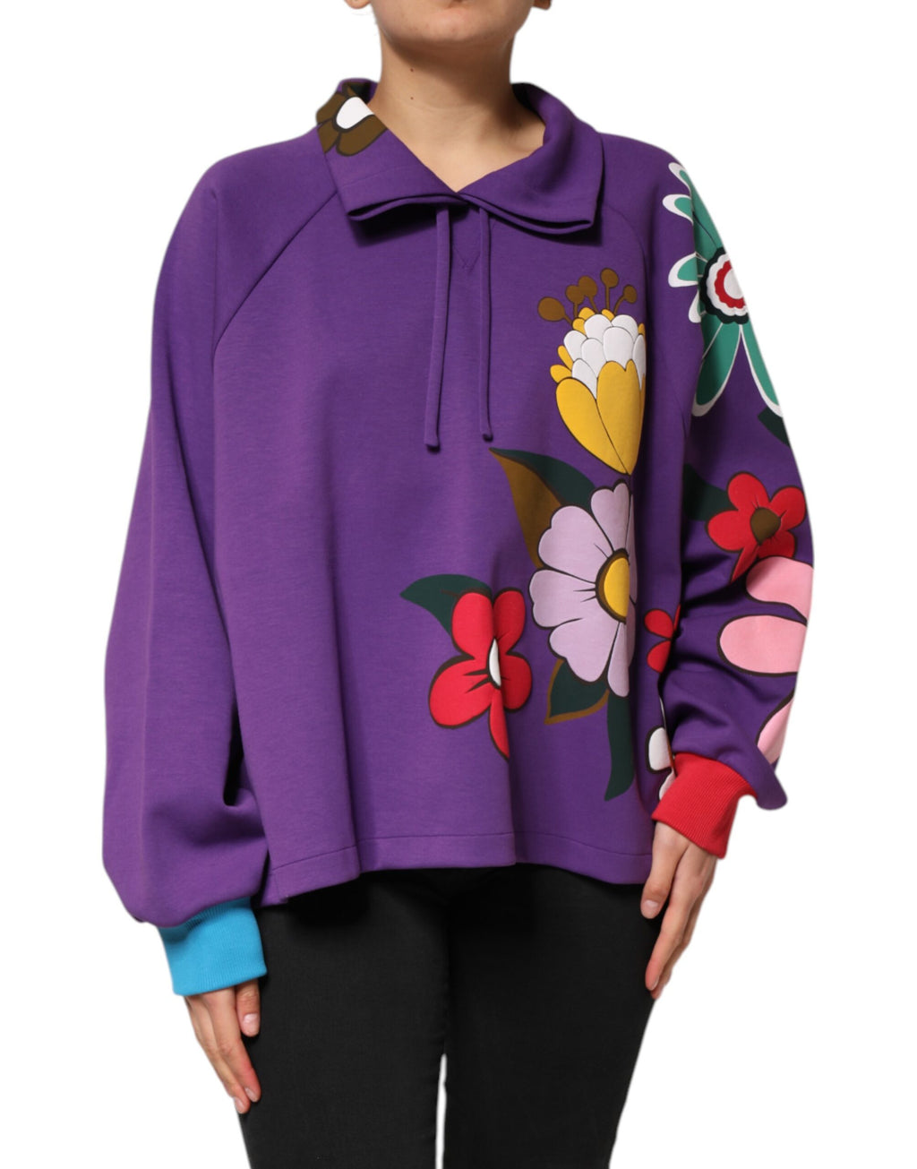 Dolce & Gabbana Purple Floral Print Cotton Long Sleeves Top
