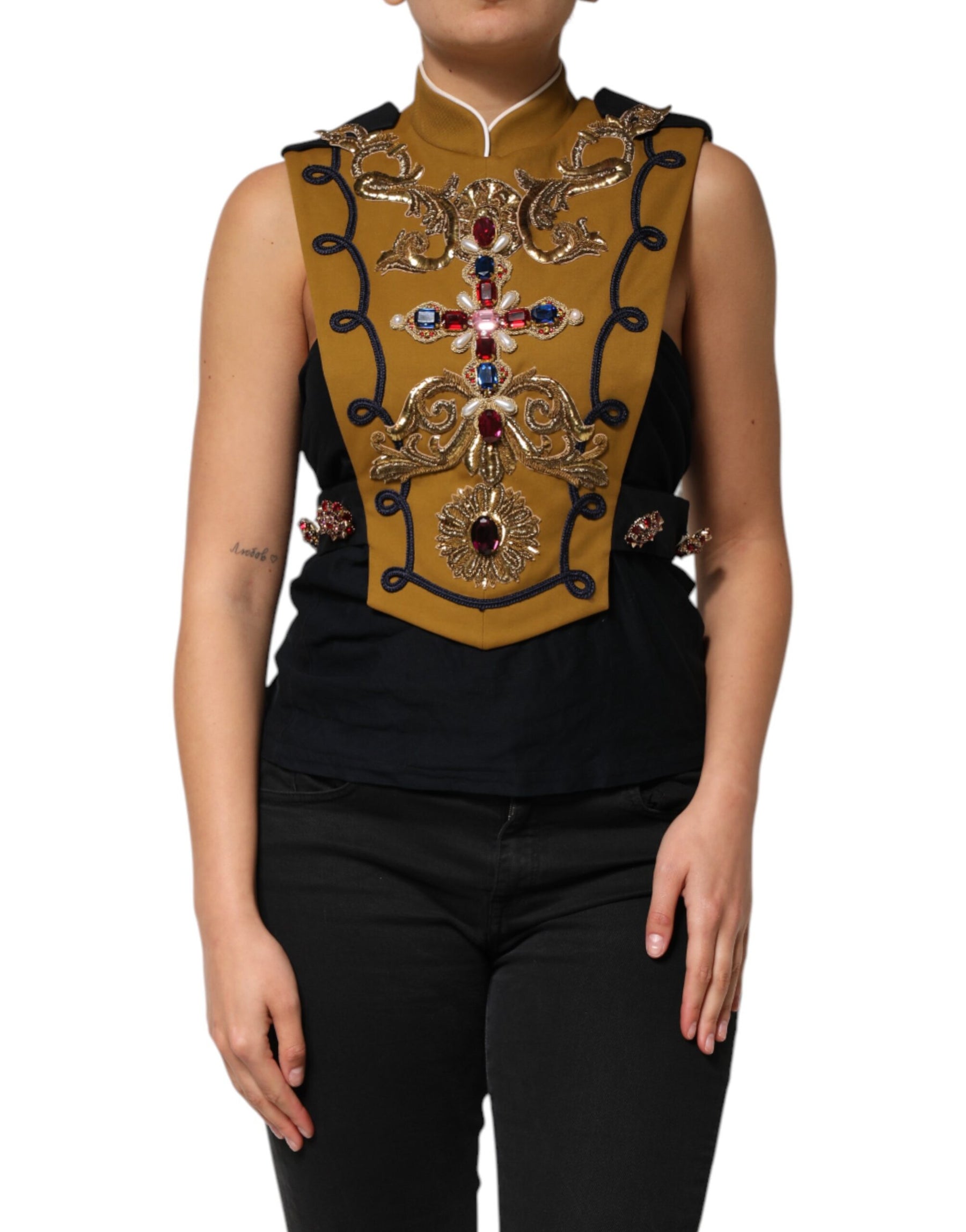 Dolce & Gabbana Yellow Crystal Cross Runway Vest Jacket Top | Regal Royce
