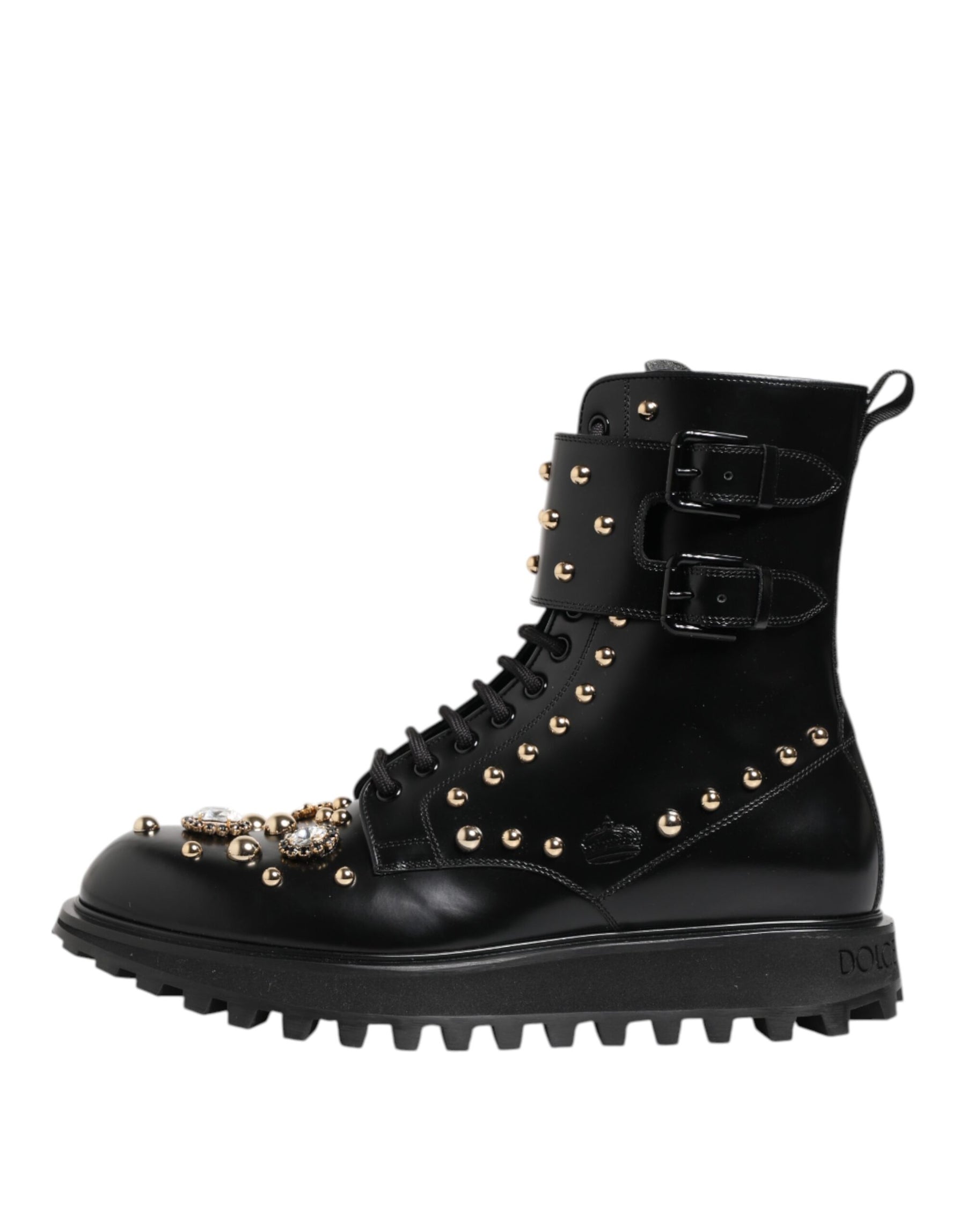Dolce & Gabbana Black Studded Lace Up Mid Calf Boots Shoes | Regal Royce