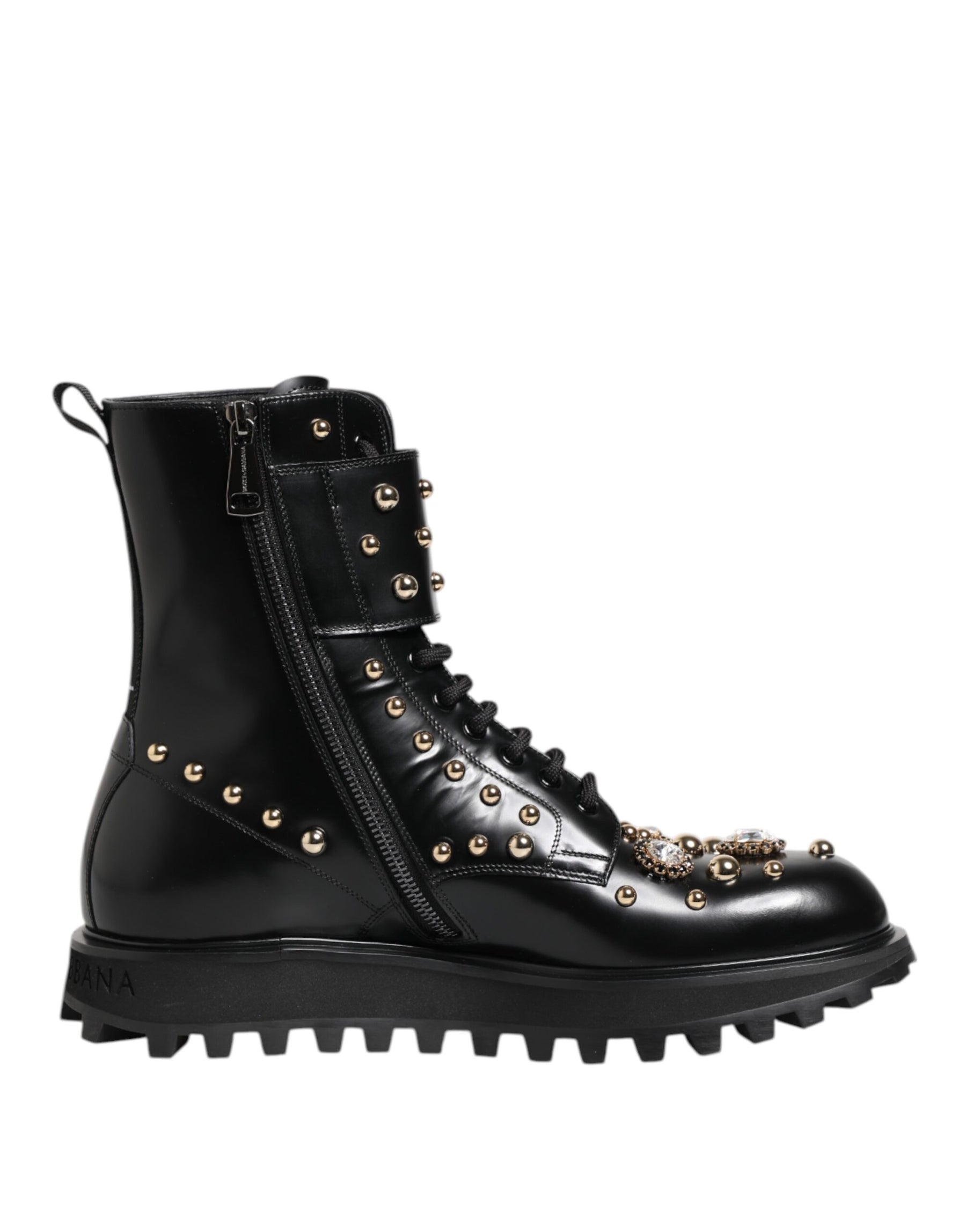 Dolce & Gabbana Black Studded Lace Up Mid Calf Boots Shoes | Regal Royce