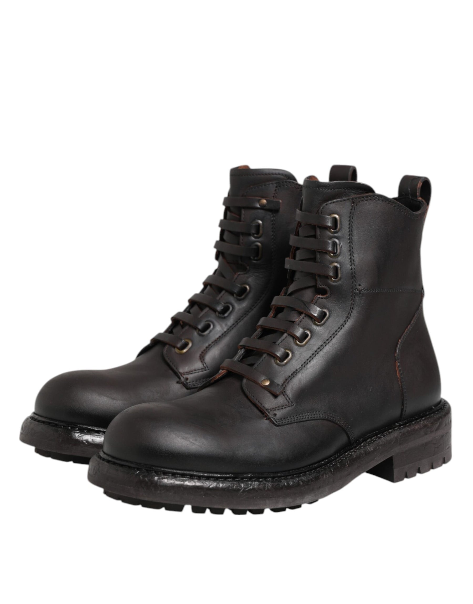 Dolce & Gabbana Dark Brown Leather Lace Up Mid Calf Boots Shoes | Regal Royce