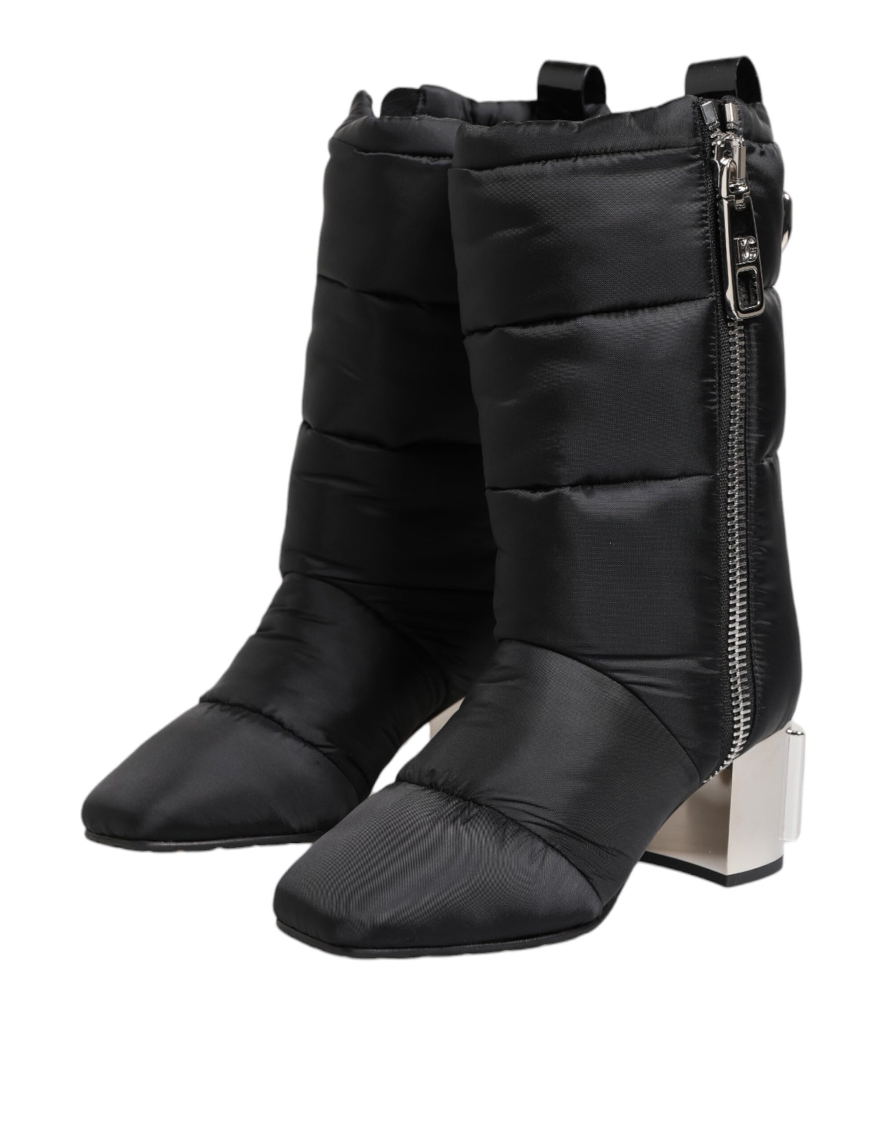 Dolce & Gabbana Black Padded Mid Calf Logo Heel Boots Shoes | Regal Royce