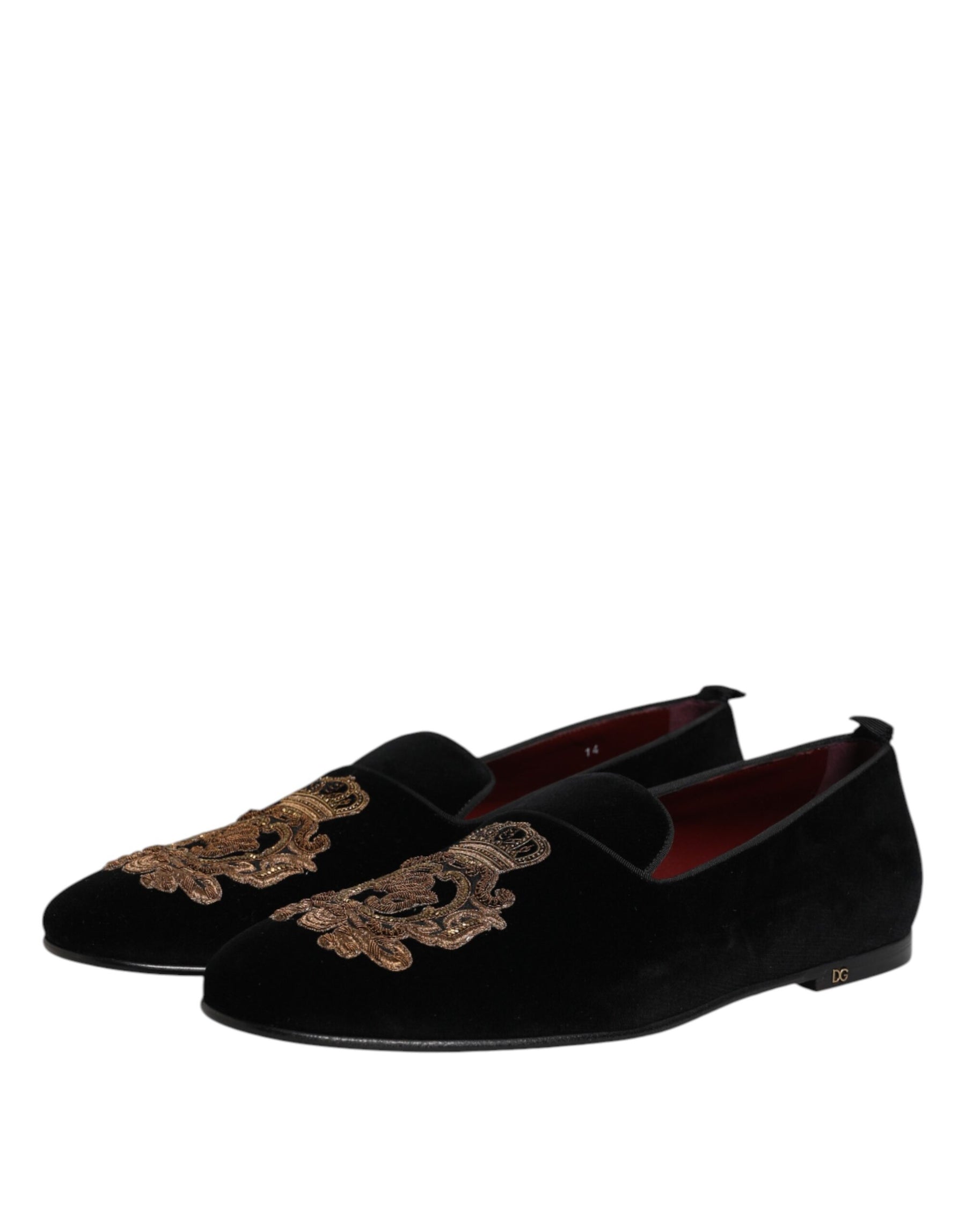 Dolce & Gabbana Black Velvet Gold Crown Mens Loafers Shoes | Regal Royce