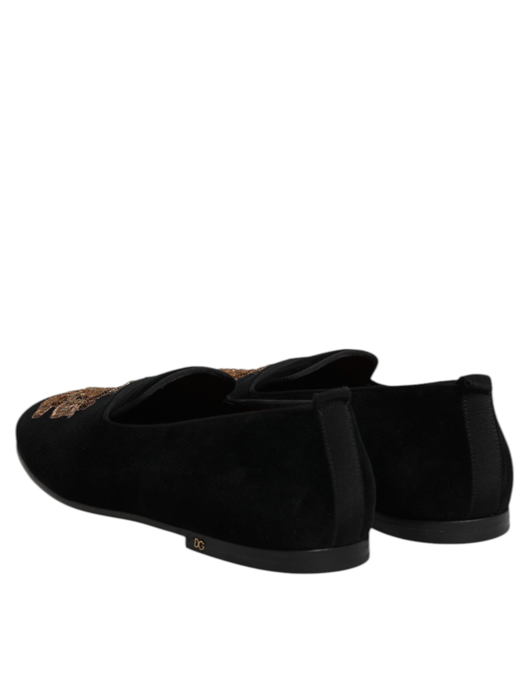 Dolce & Gabbana Black Velvet Gold Crown Mens Loafers Shoes | Regal Royce