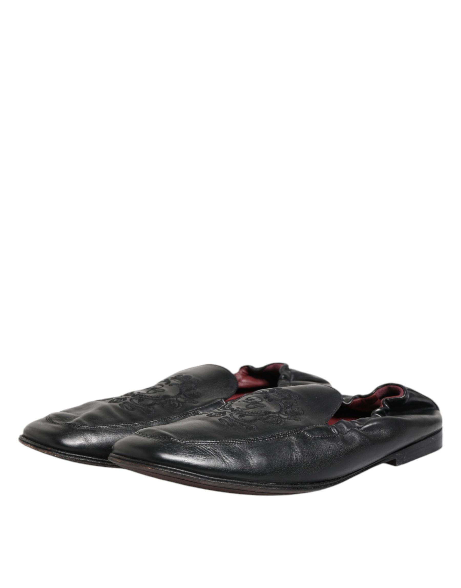 Dolce & Gabbana Black Leather Slip On Men Flat Loafers Shoes | Regal Royce