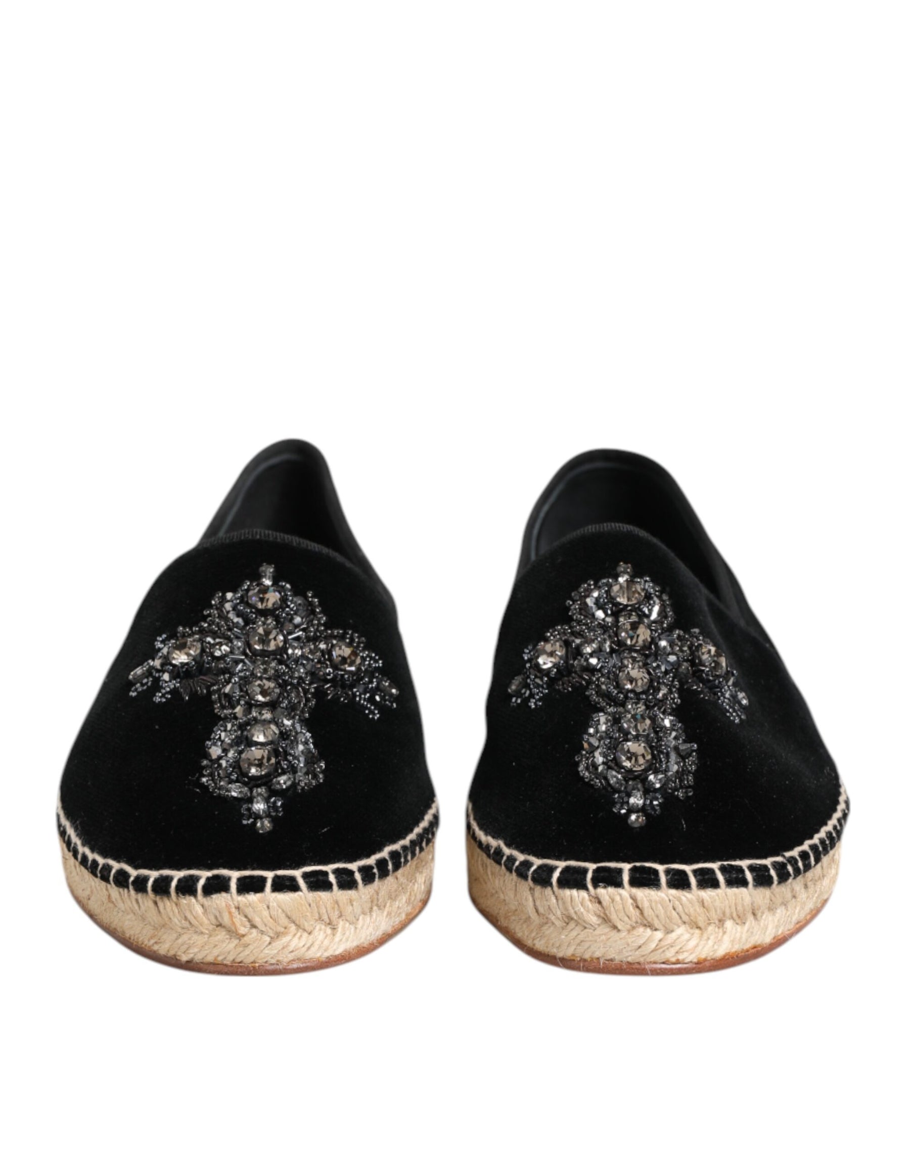 Dolce & Gabbana Black Cross Crystal Slip On Espadrille Shoes | Regal Royce