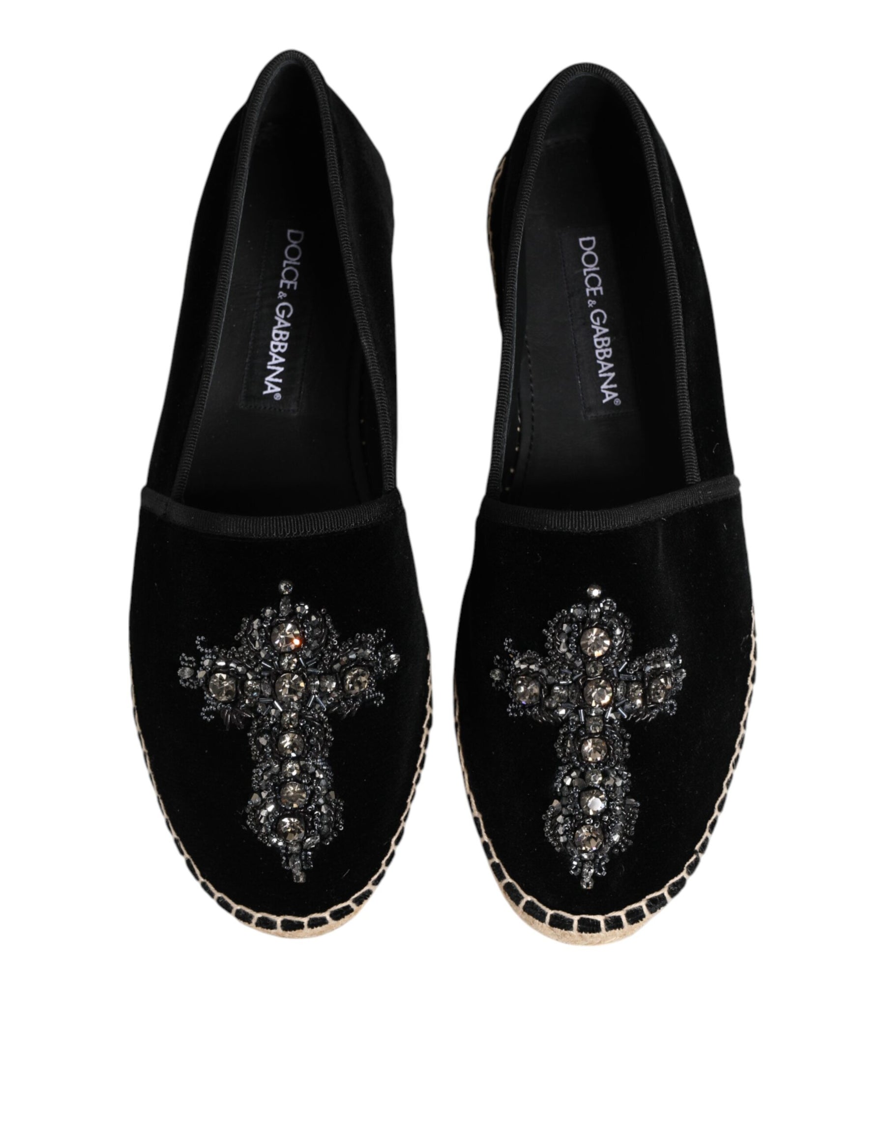 Dolce & Gabbana Black Cross Crystal Slip On Espadrille Shoes | Regal Royce
