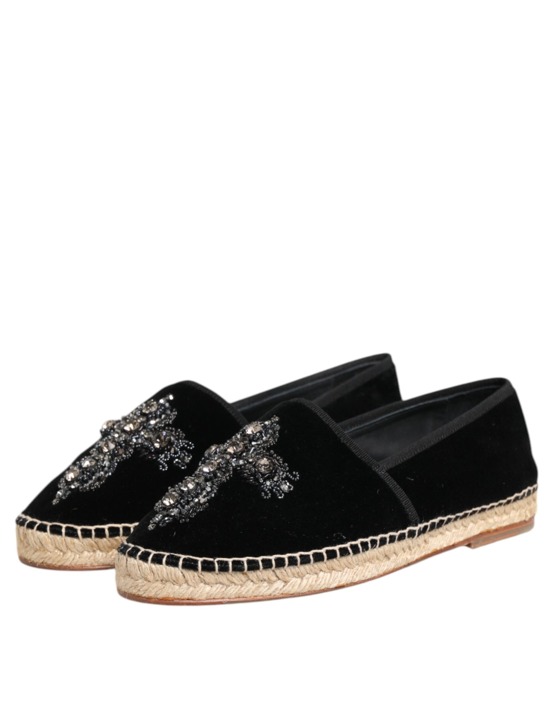 Dolce & Gabbana Black Cross Crystal Slip On Espadrille Shoes | Regal Royce