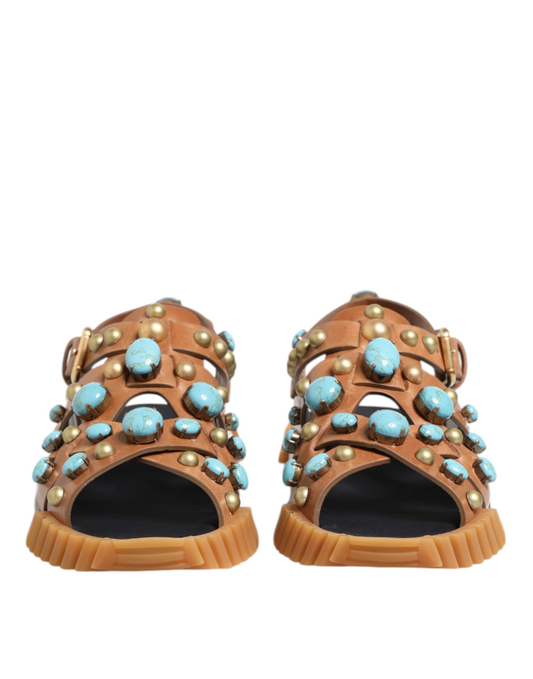 Dolce & Gabbana Brown Leather Studded Slides Sandals Shoes | Regal Royce