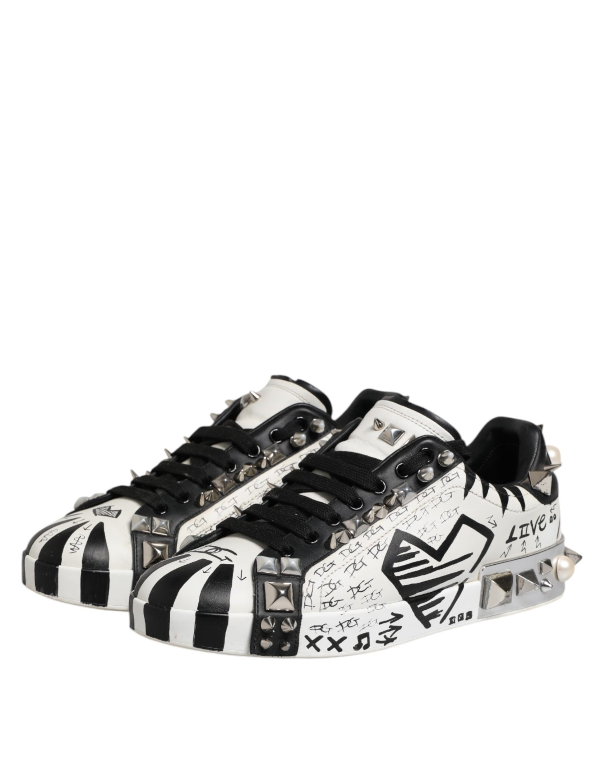 Dolce & Gabbana Black White Studded Low Top Sneakers Shoes