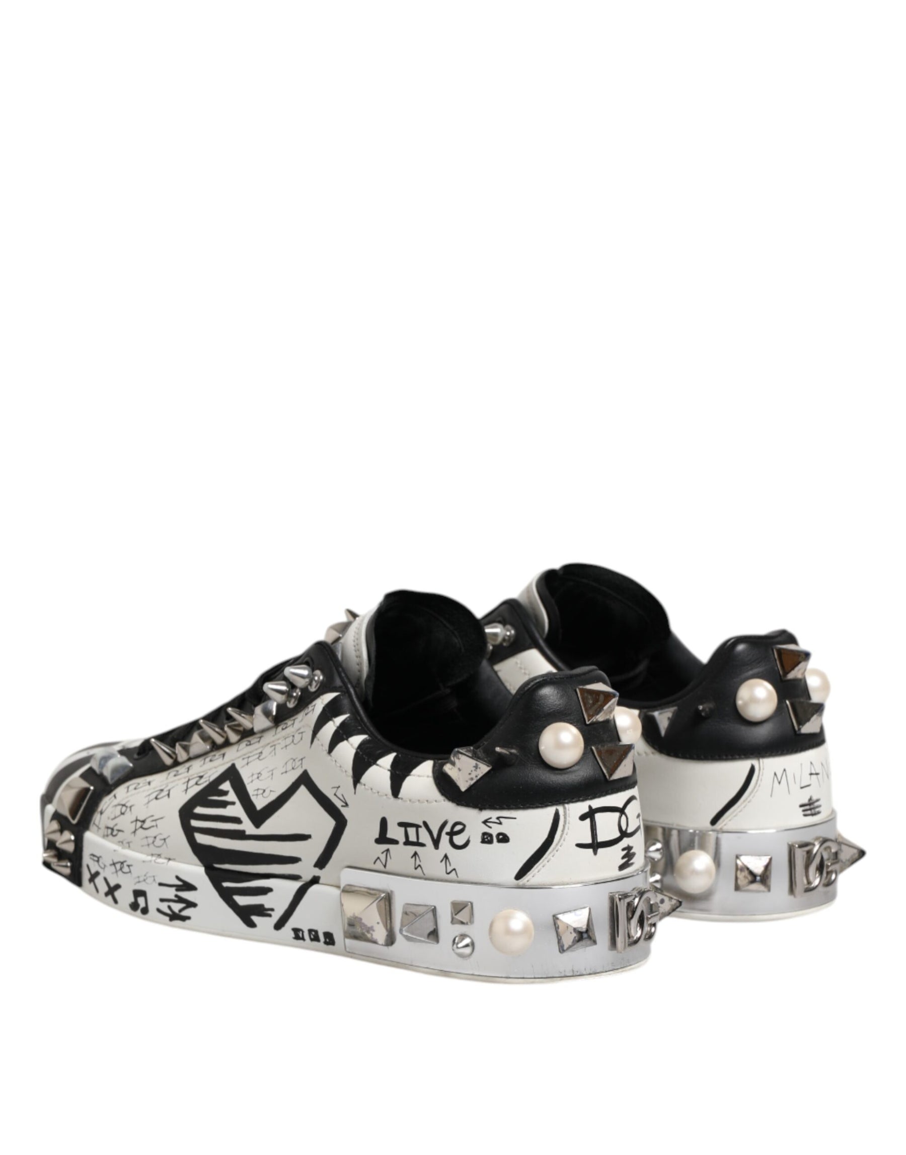 Dolce & Gabbana Black White Studded Low Top Sneakers Shoes | Regal Royce
