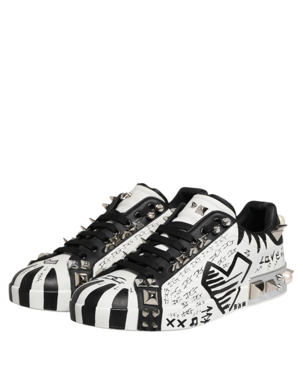 Dolce & Gabbana Black White Studded Low Top Sneakers Shoes