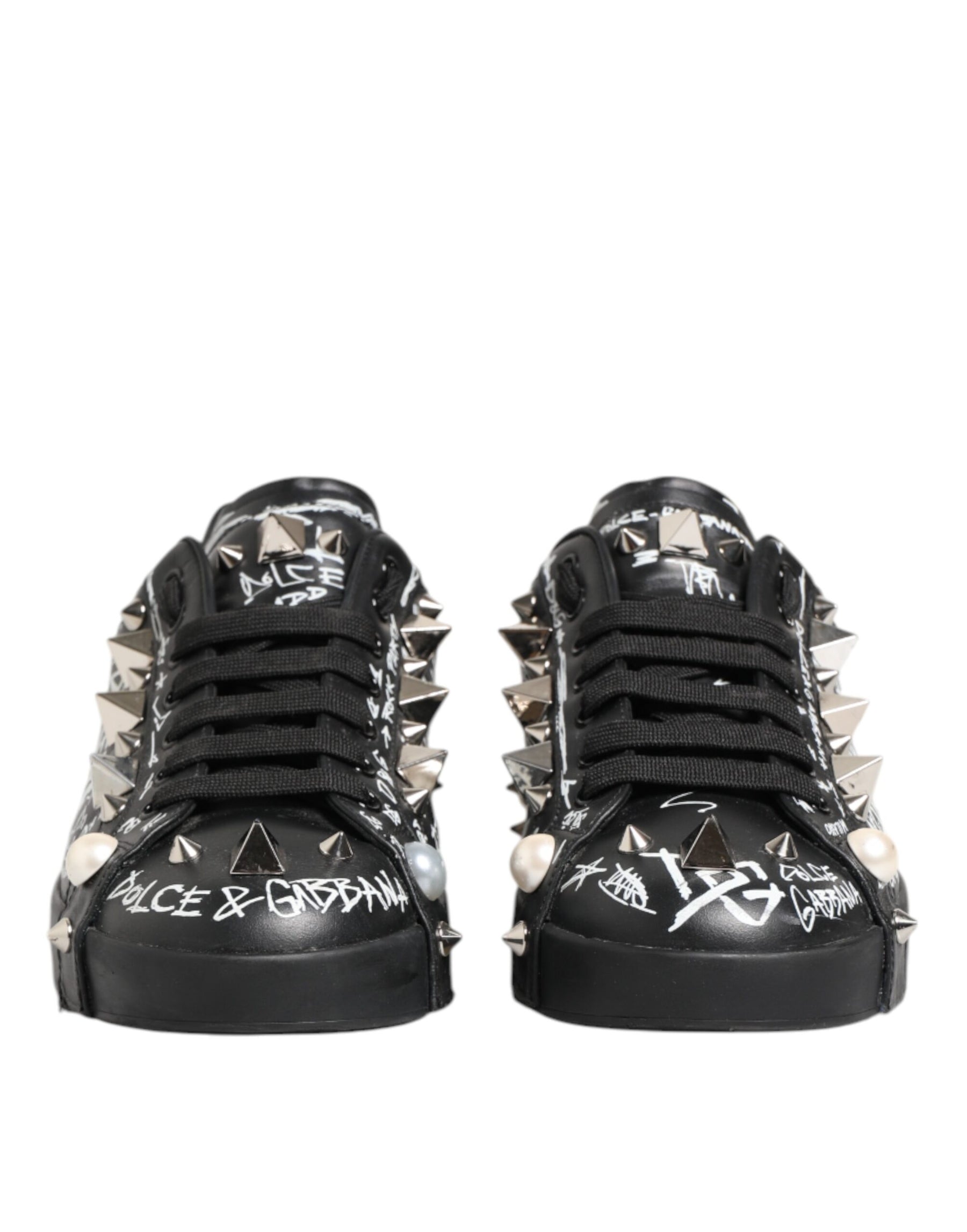 Dolce & Gabbana Black Portofino Stud Embellished Sneakers Shoes | Regal Royce