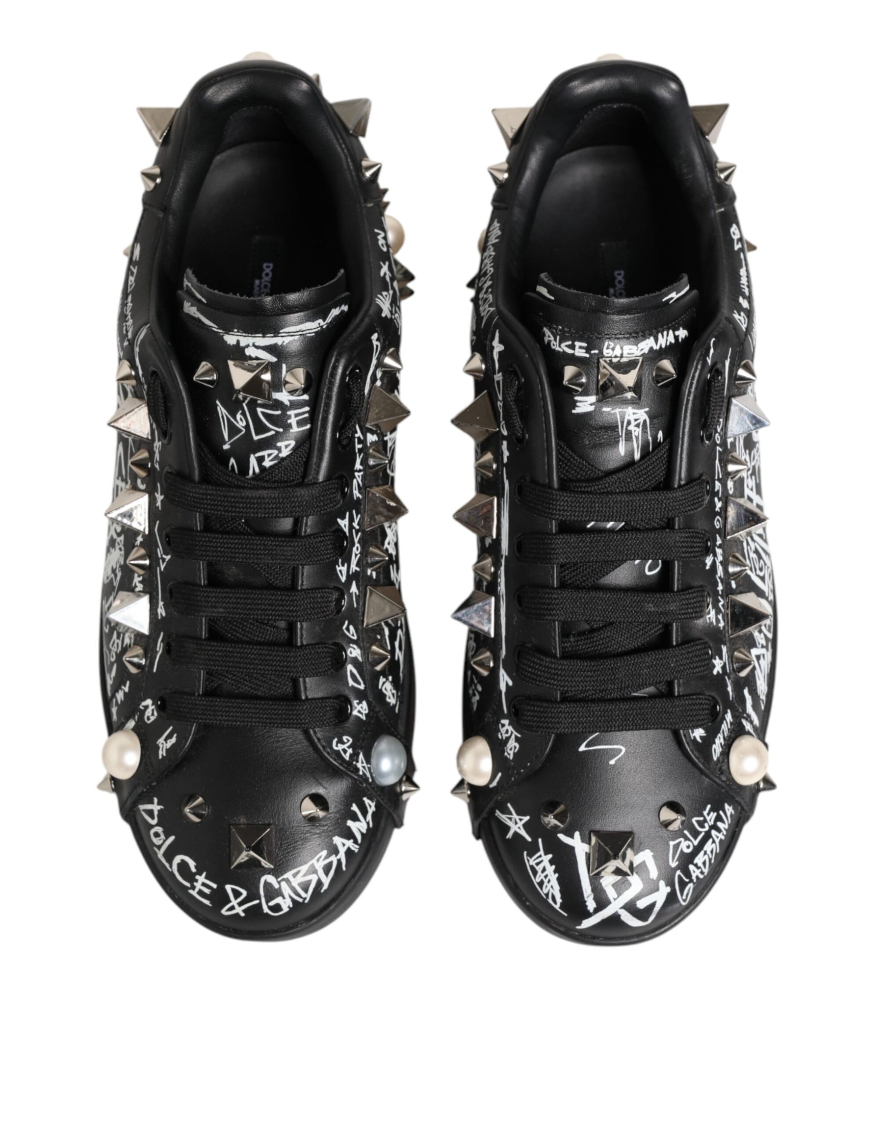 Dolce & Gabbana Black Portofino Stud Embellished Sneakers Shoes | Regal Royce